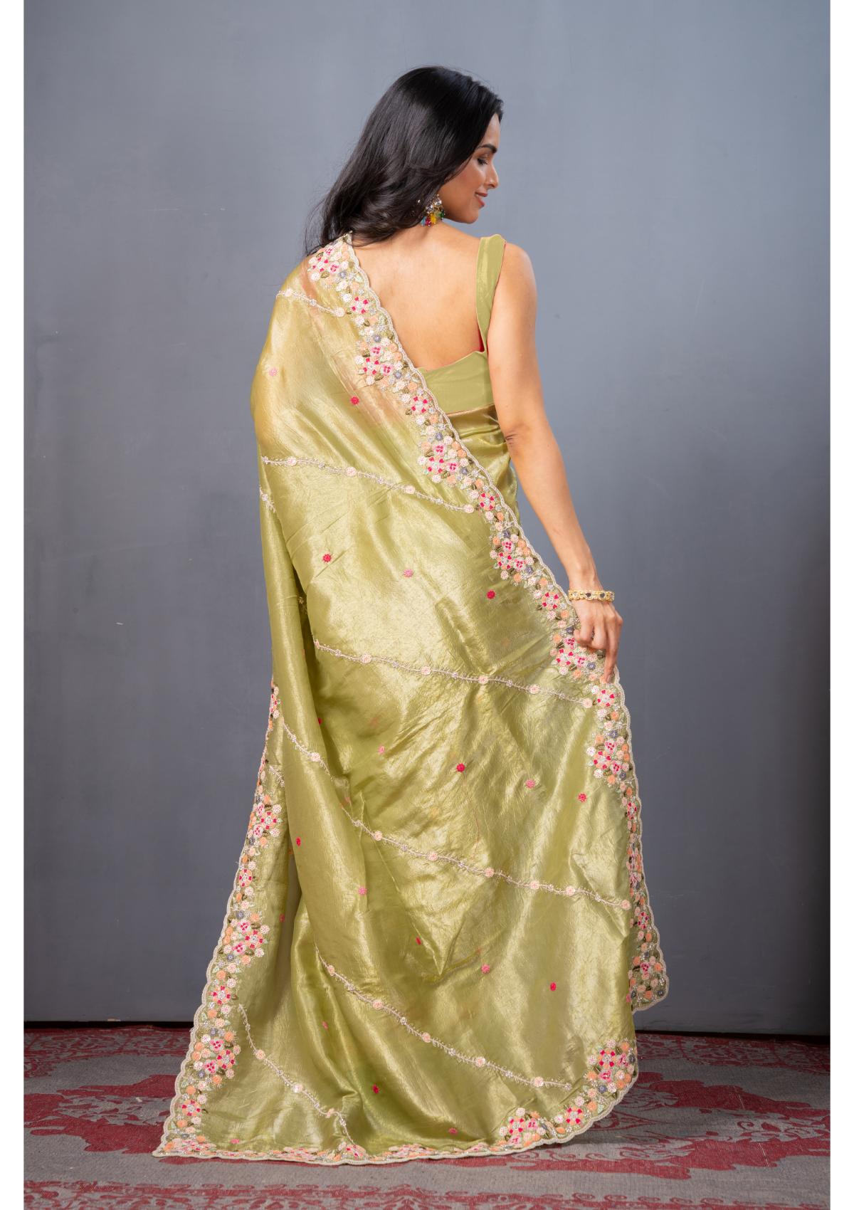 Mehendi Green Threadwork Tissue Silk Sarees - Kajree 