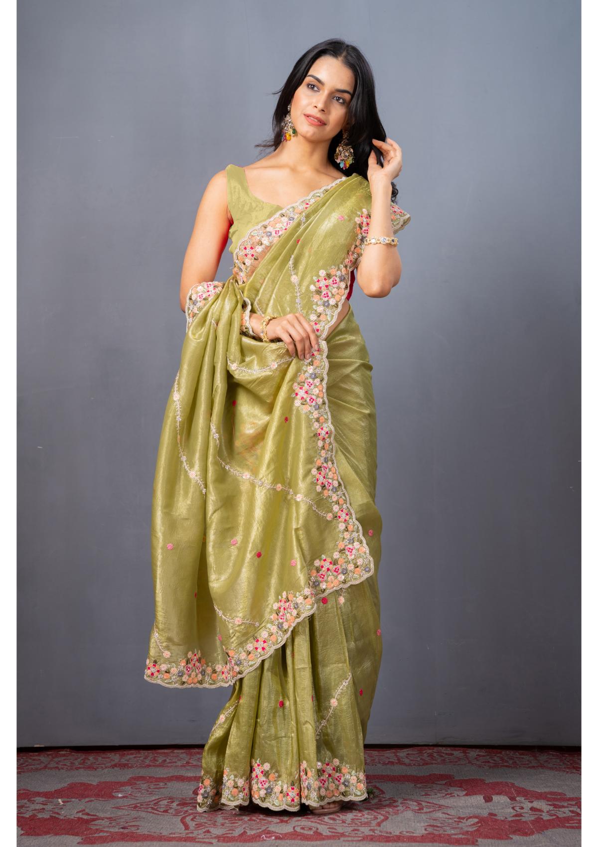 Mehendi Green Threadwork Tissue Silk Sarees - Kajree 