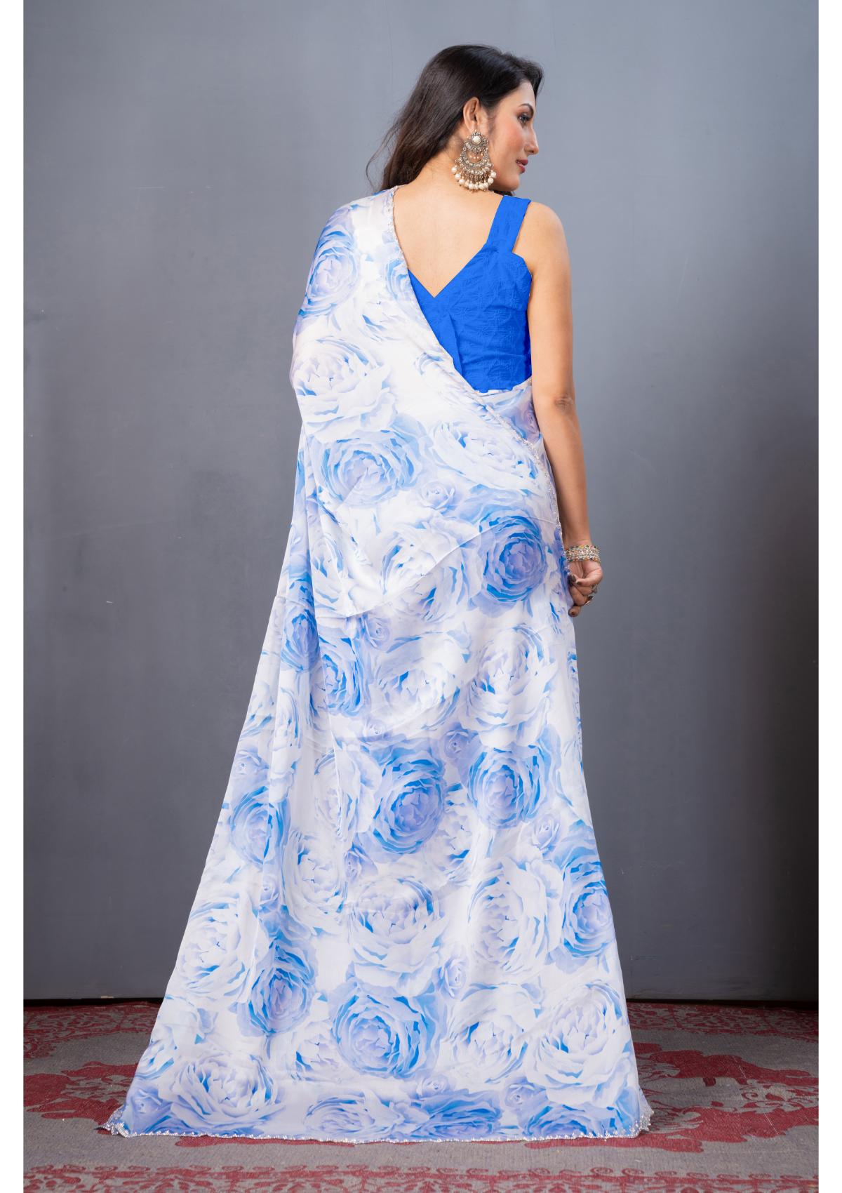 Blue Stonework Block Print Satin Saree 