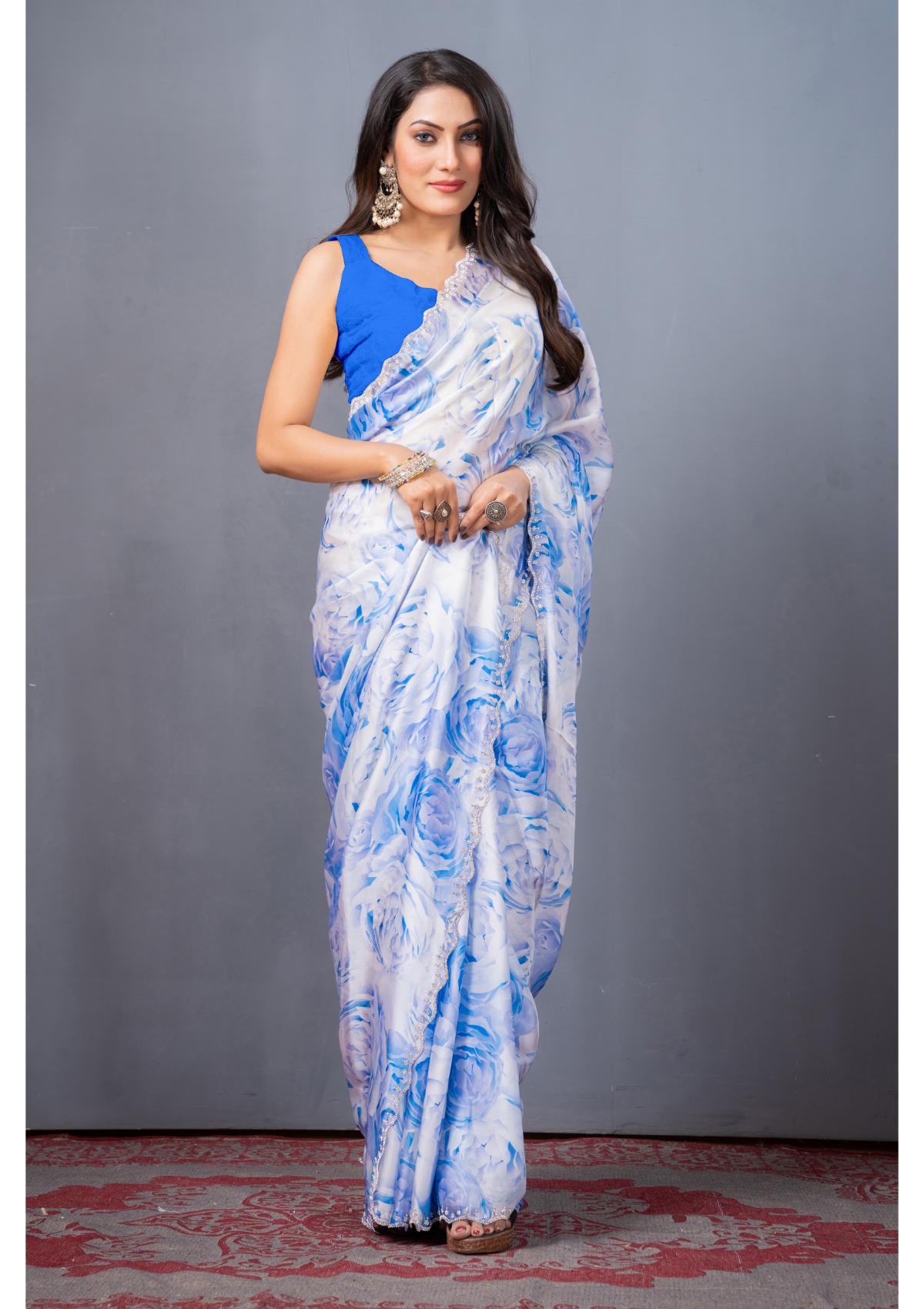 Blue Stonework Block Print Satin Saree 