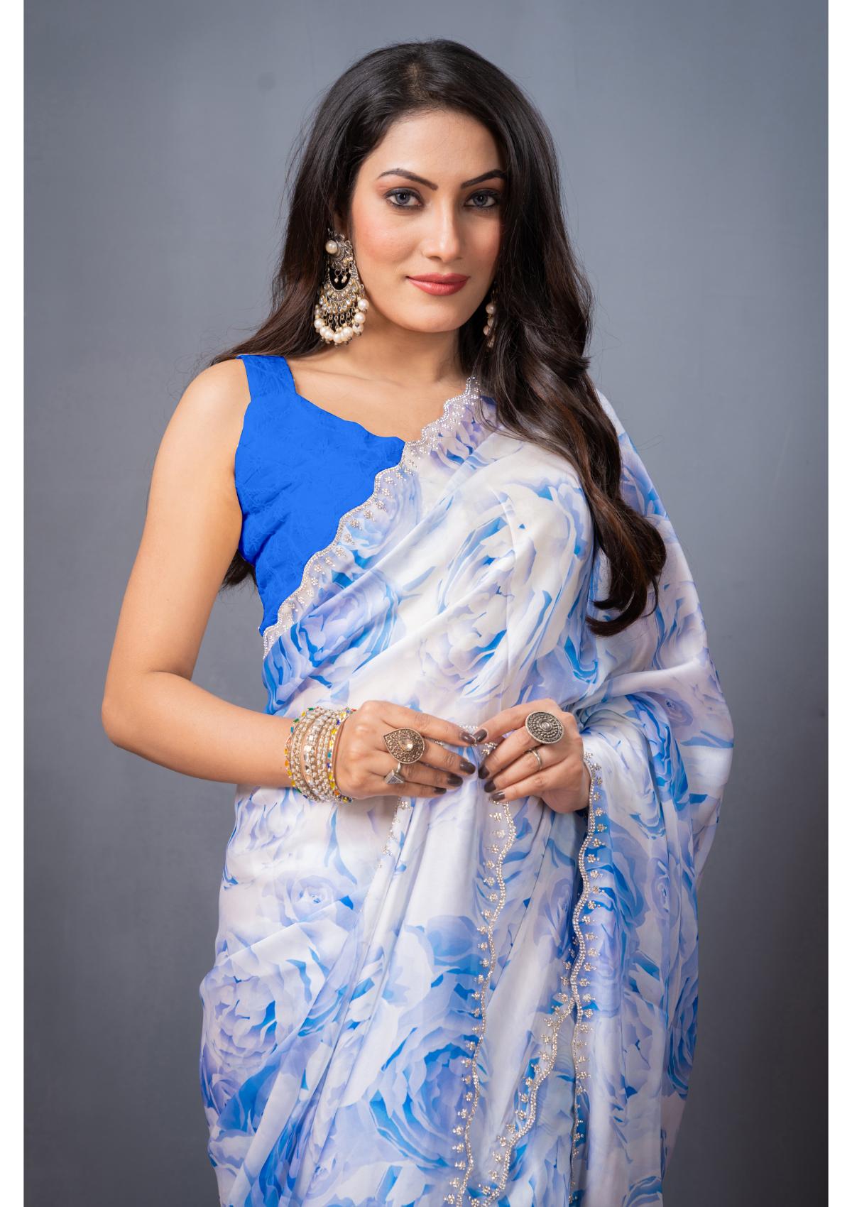 Blue Stonework Block Print Satin Saree 