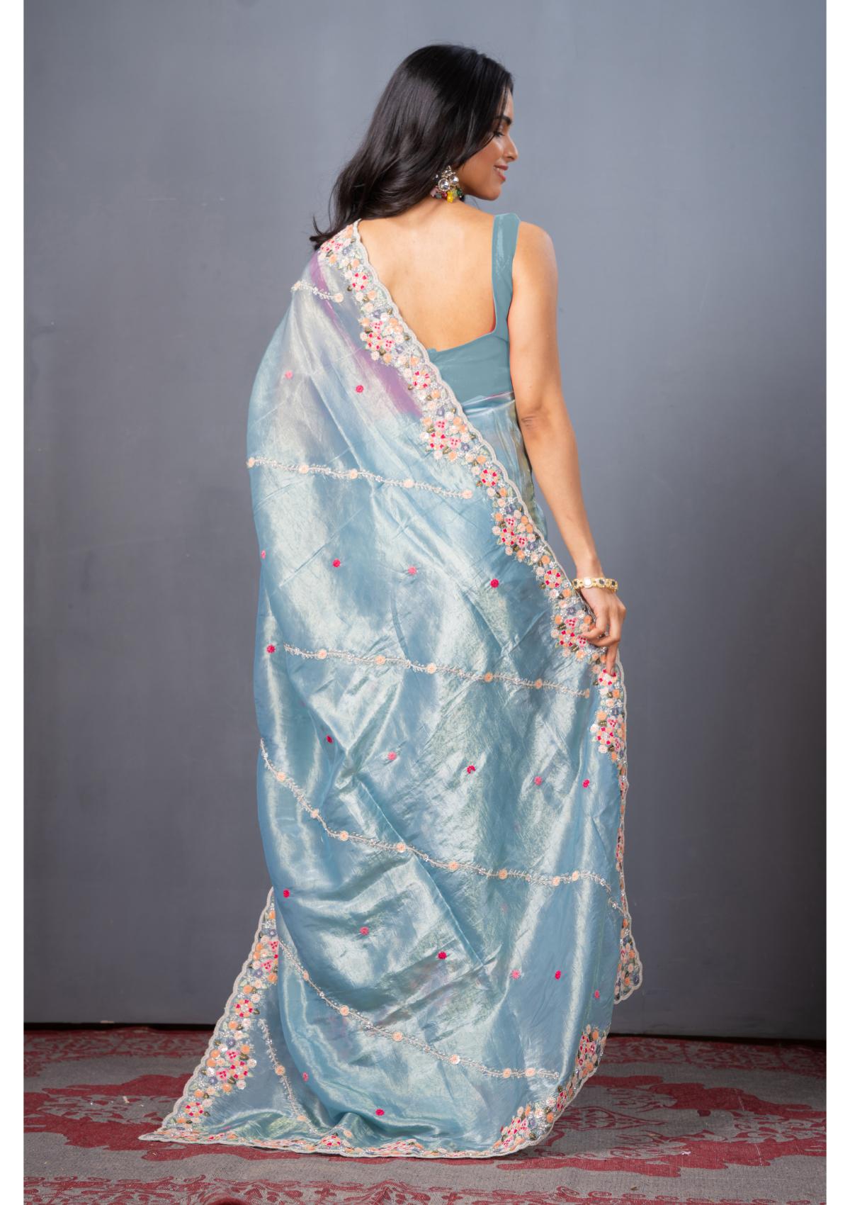 Blue Threadwork Tissue Silk Saree 