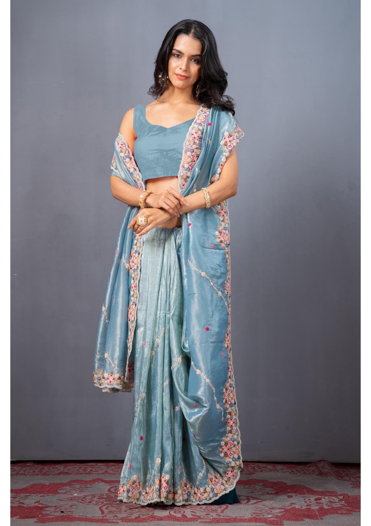 Blue Threadwork Tissue Silk Saree 