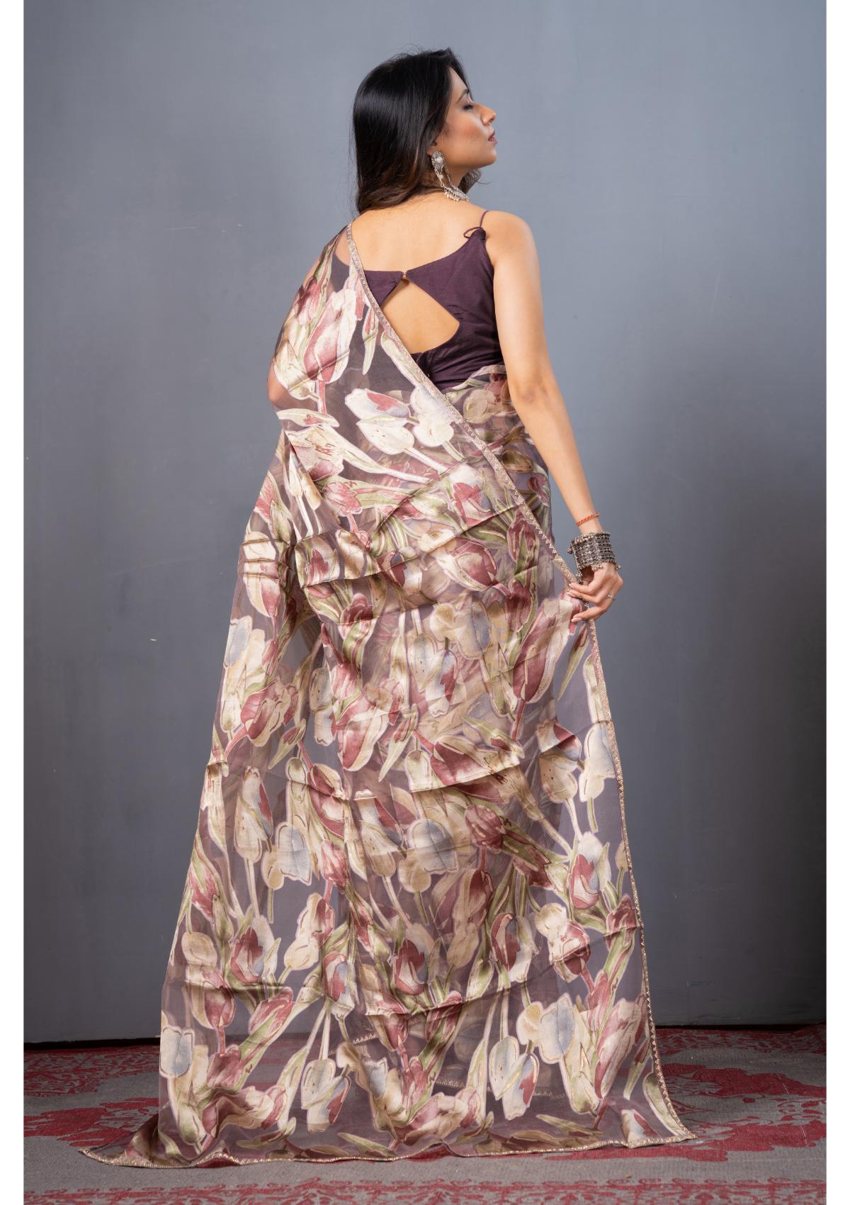 Lavender Block Print Stonework Organza Saree 