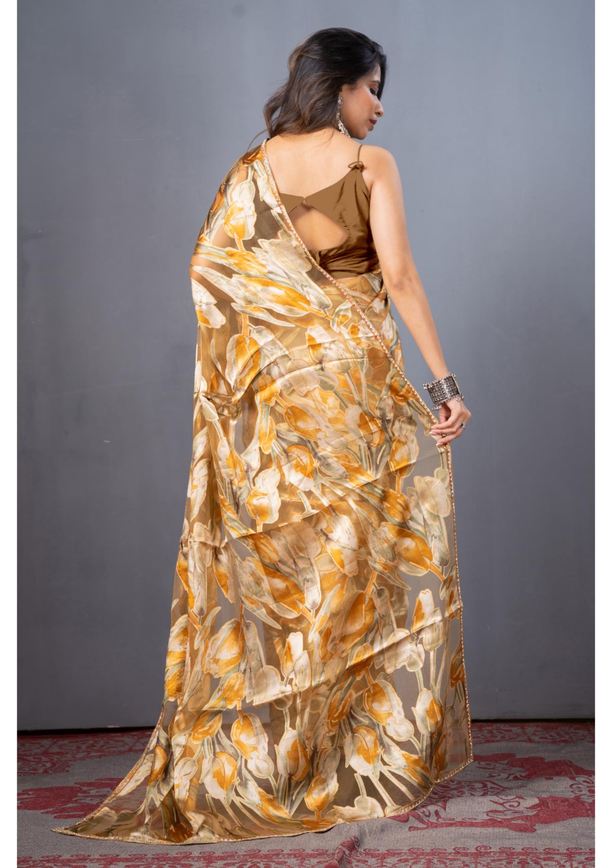 Yellow Block Print Stonework Organza Saree - Kajree 