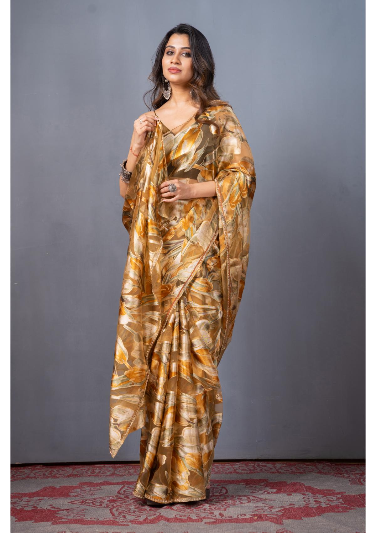 Yellow Block Print Stonework Organza Saree - Kajree