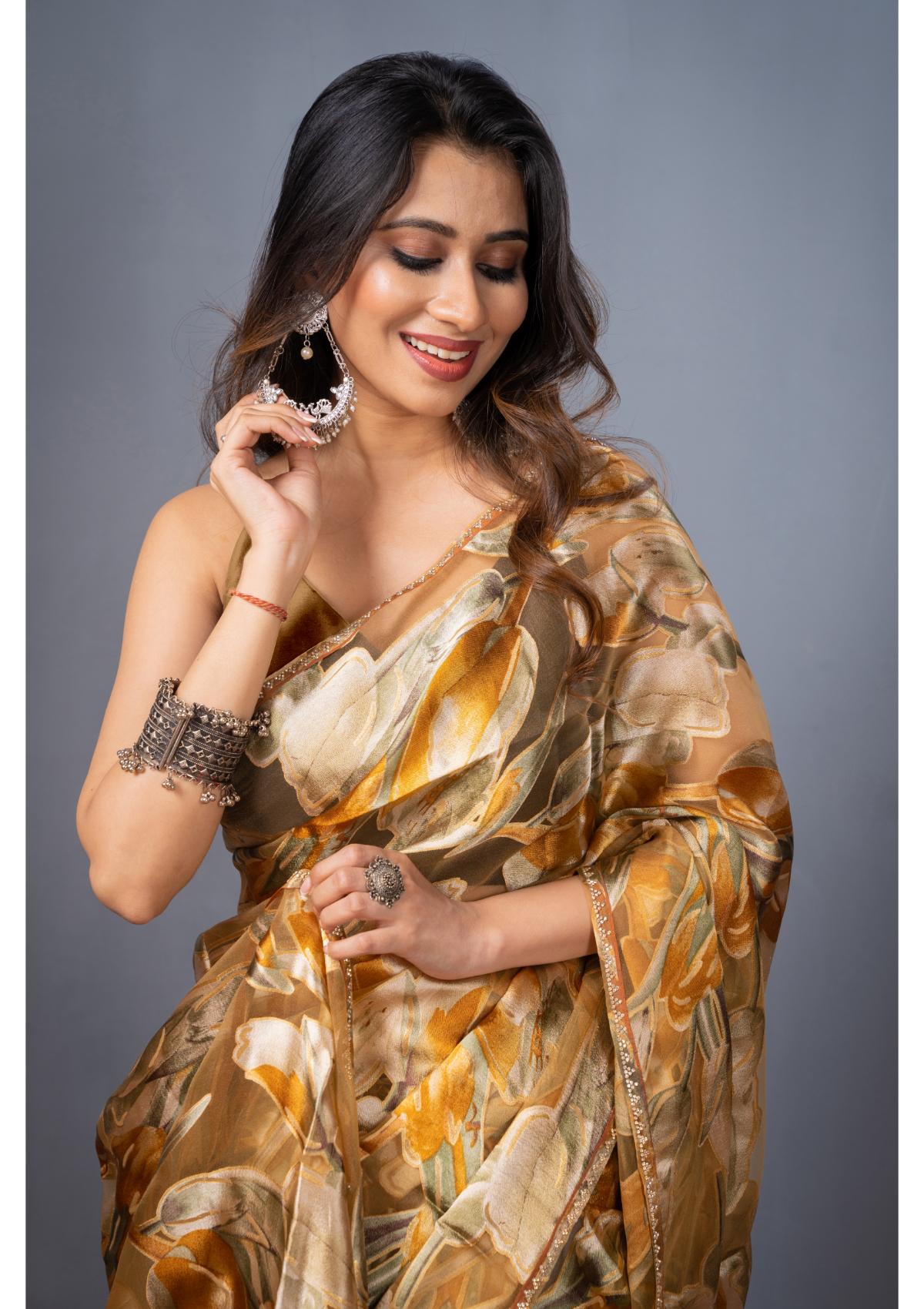 Yellow Block Print Stonework Organza Saree - Kajree 