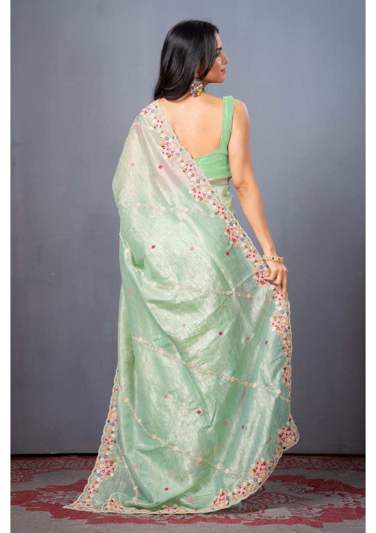 Sea Green Threadwork Tissue Silk Saree - Kajree 