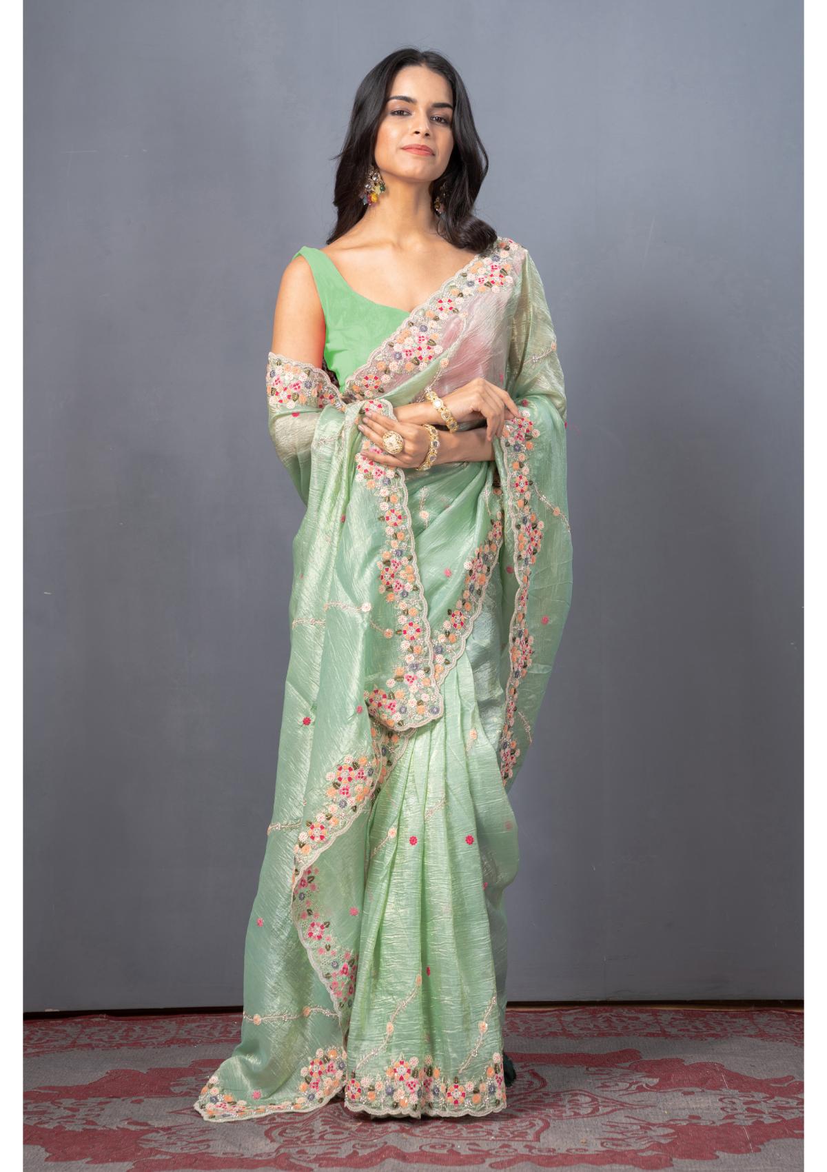 Sea Green Threadwork Tissue Silk Saree - Kajree 