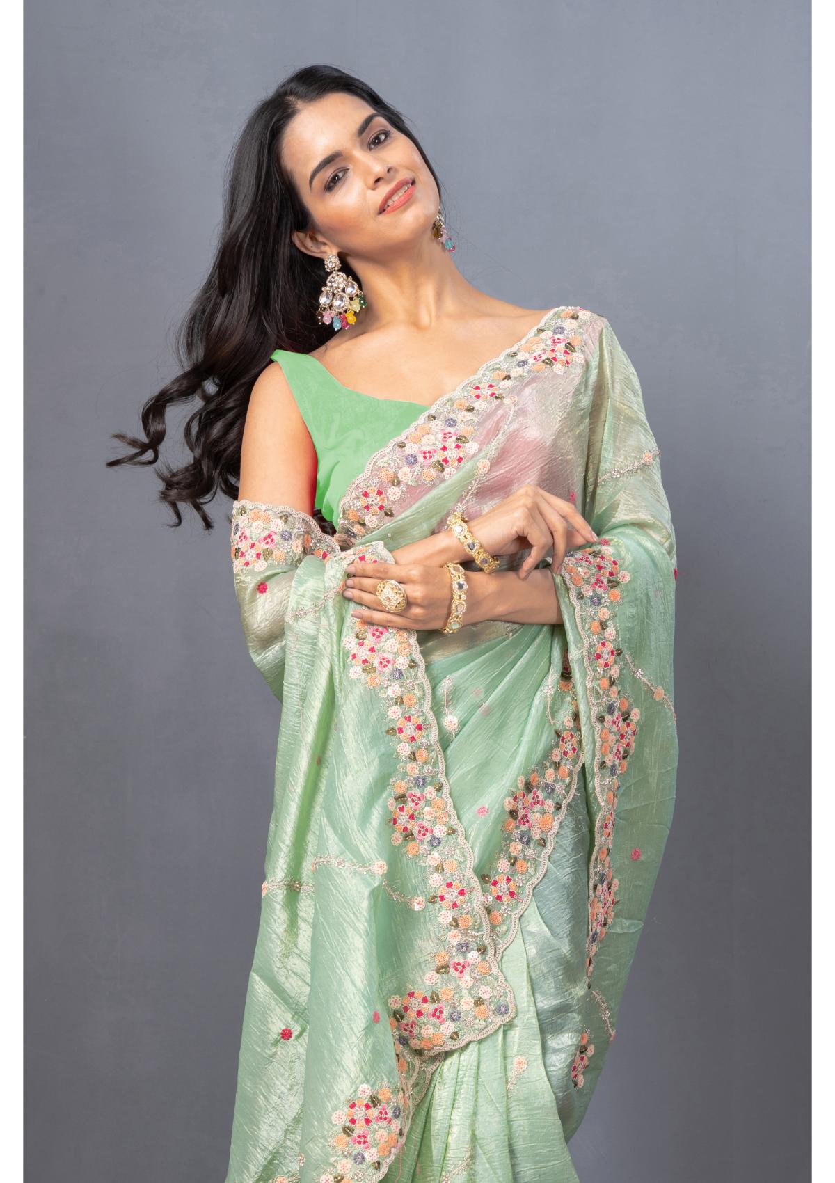 Sea Green Threadwork Tissue Silk Saree - kajree 