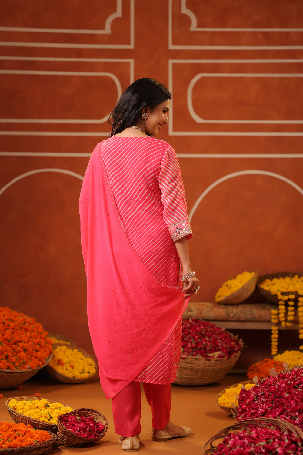 Coral Pink Handwork Lehriya Print Georgette Kurta set 