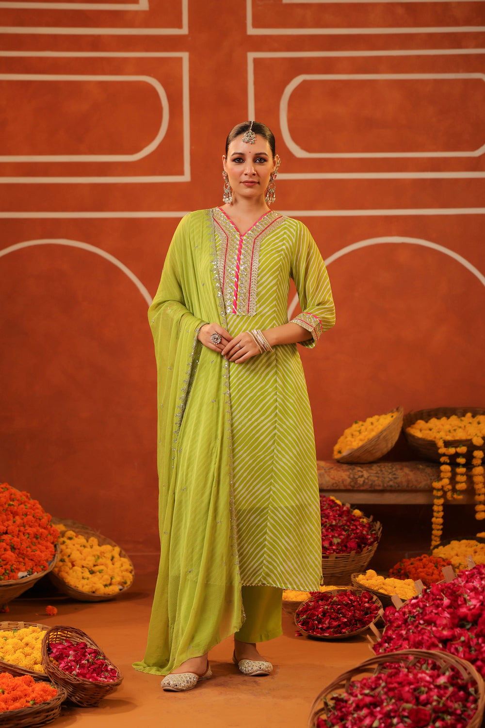 Lime Green Lehriya Georgette Anarkali Set with Dupatta 
