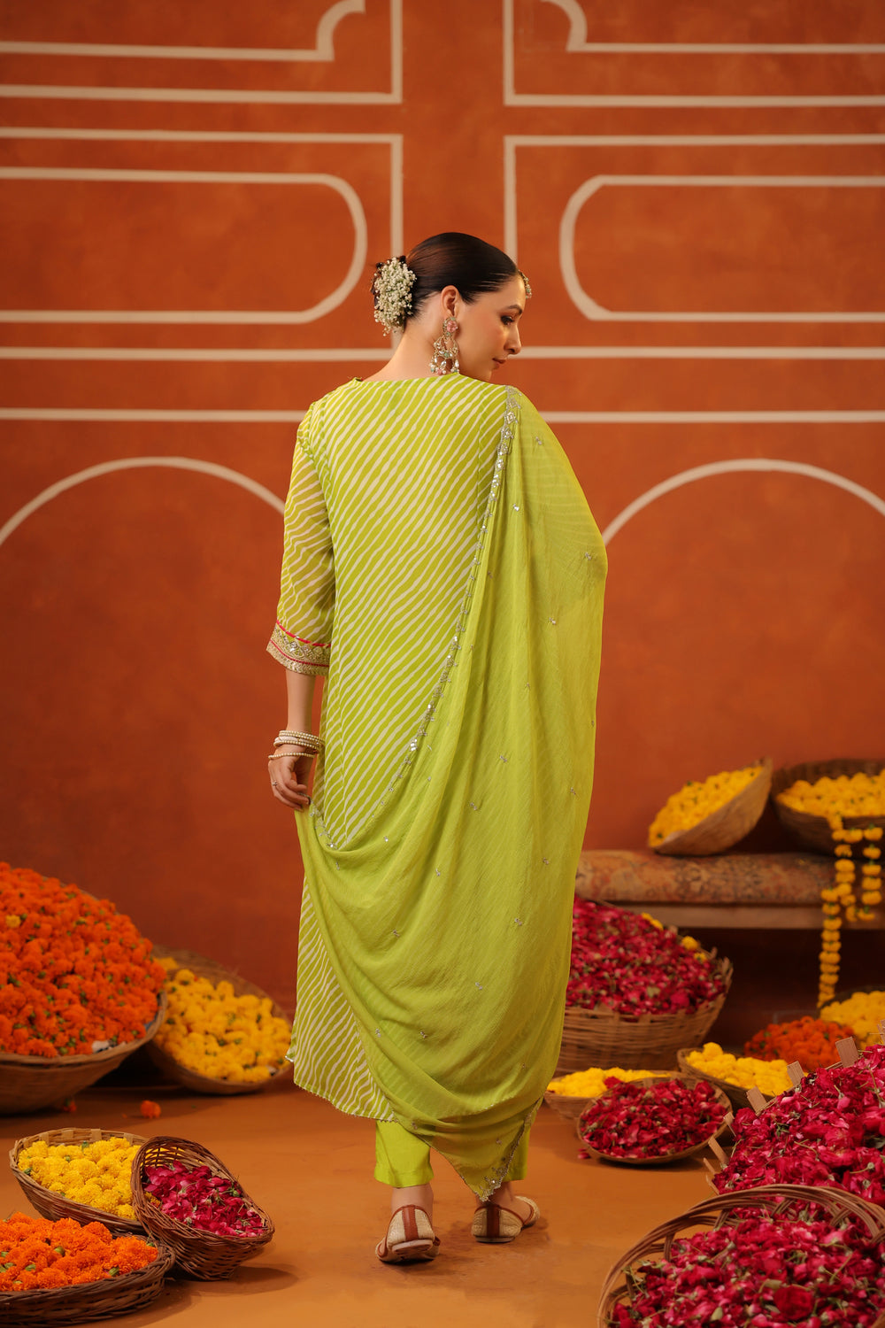 Lime Green Lehriya Georgette Anarkali Set with Dupatta 