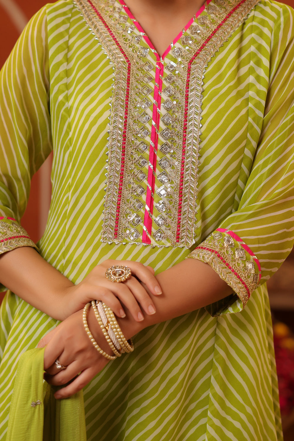 Lime Green Lehriya Georgette Anarkali Set with Dupatta 