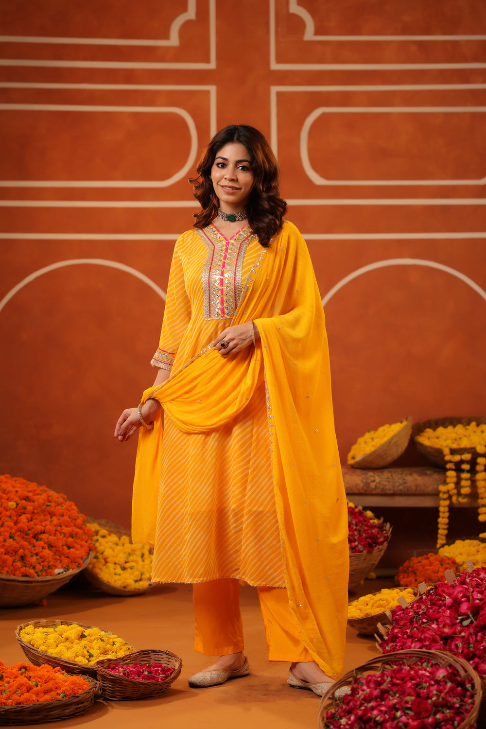 Mustard Lehriya Georgette Anarkali Set with Dupatta 