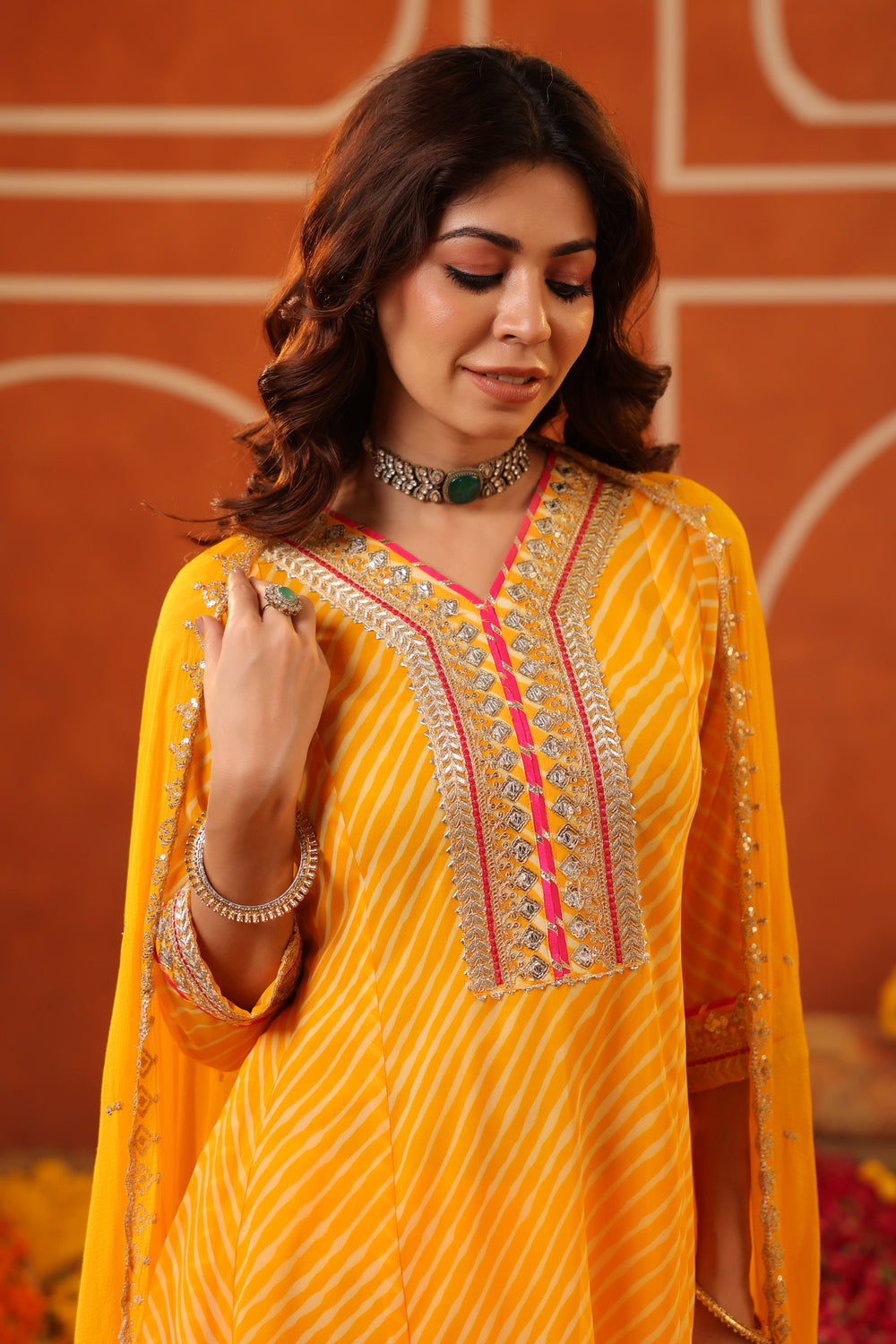 Mustard Lehriya Georgette Anarkali Set with Dupatta 