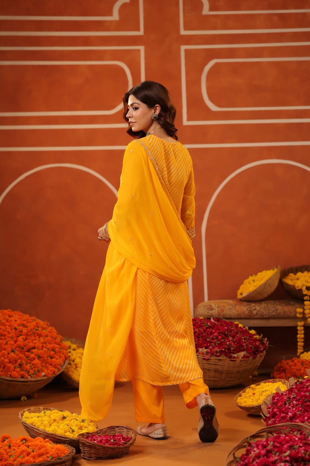 Mustard Lehriya Georgette Anarkali Set with Dupatta 