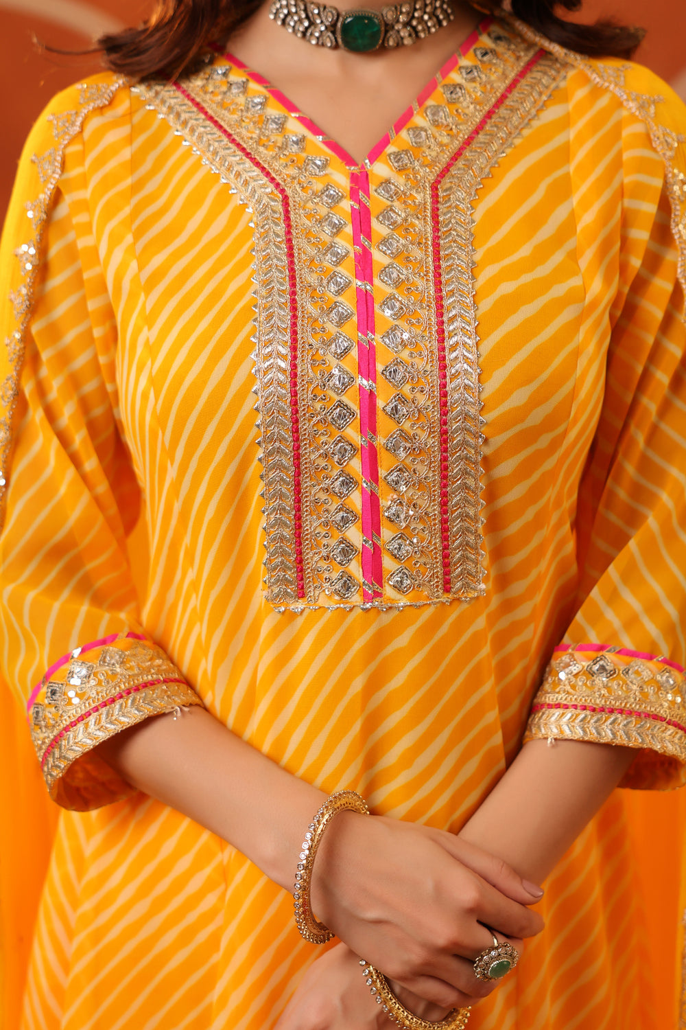 Mustard Lehriya Georgette Anarkali Set with Dupatta 