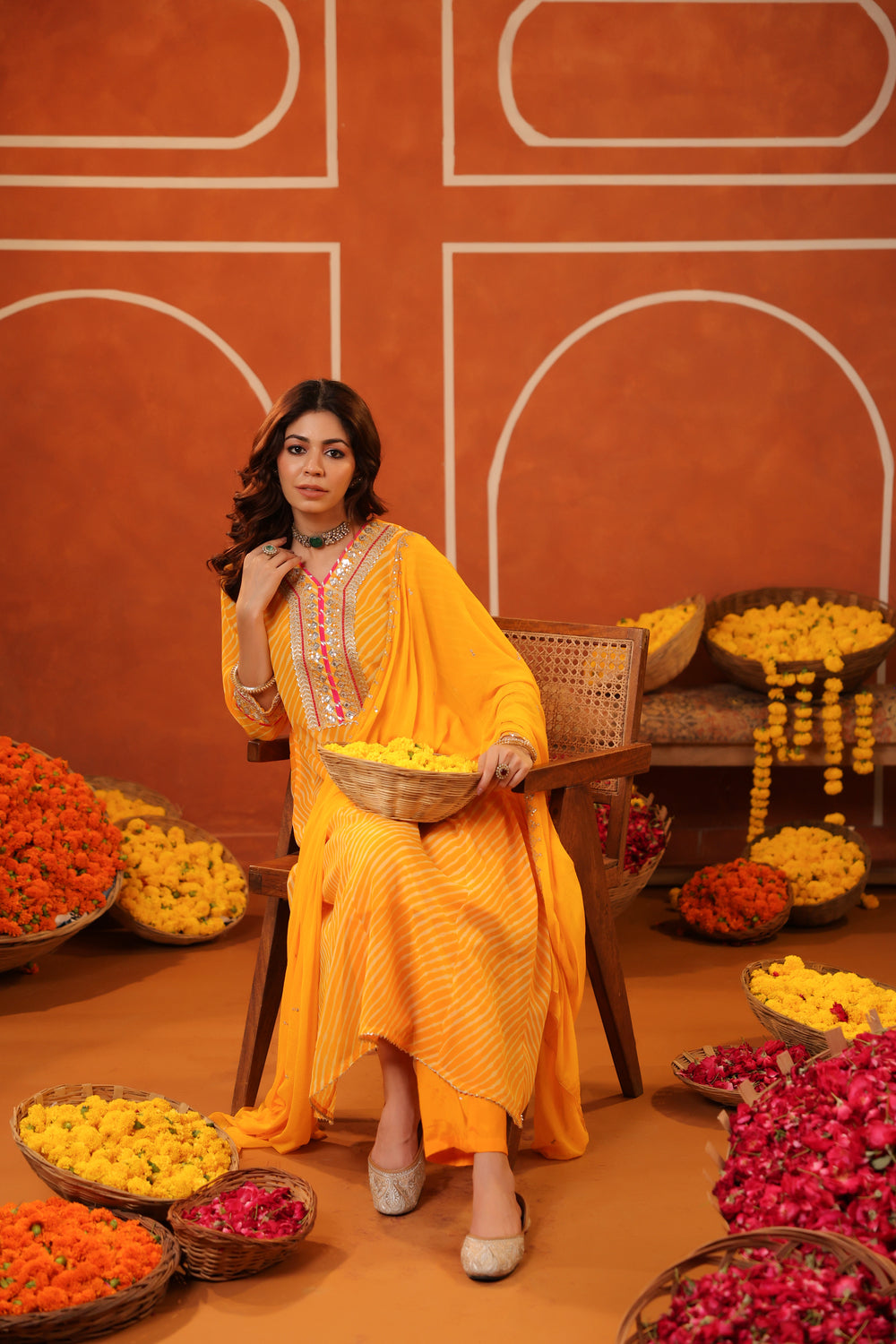 Mustard Lehriya Georgette Anarkali Set with Dupatta 