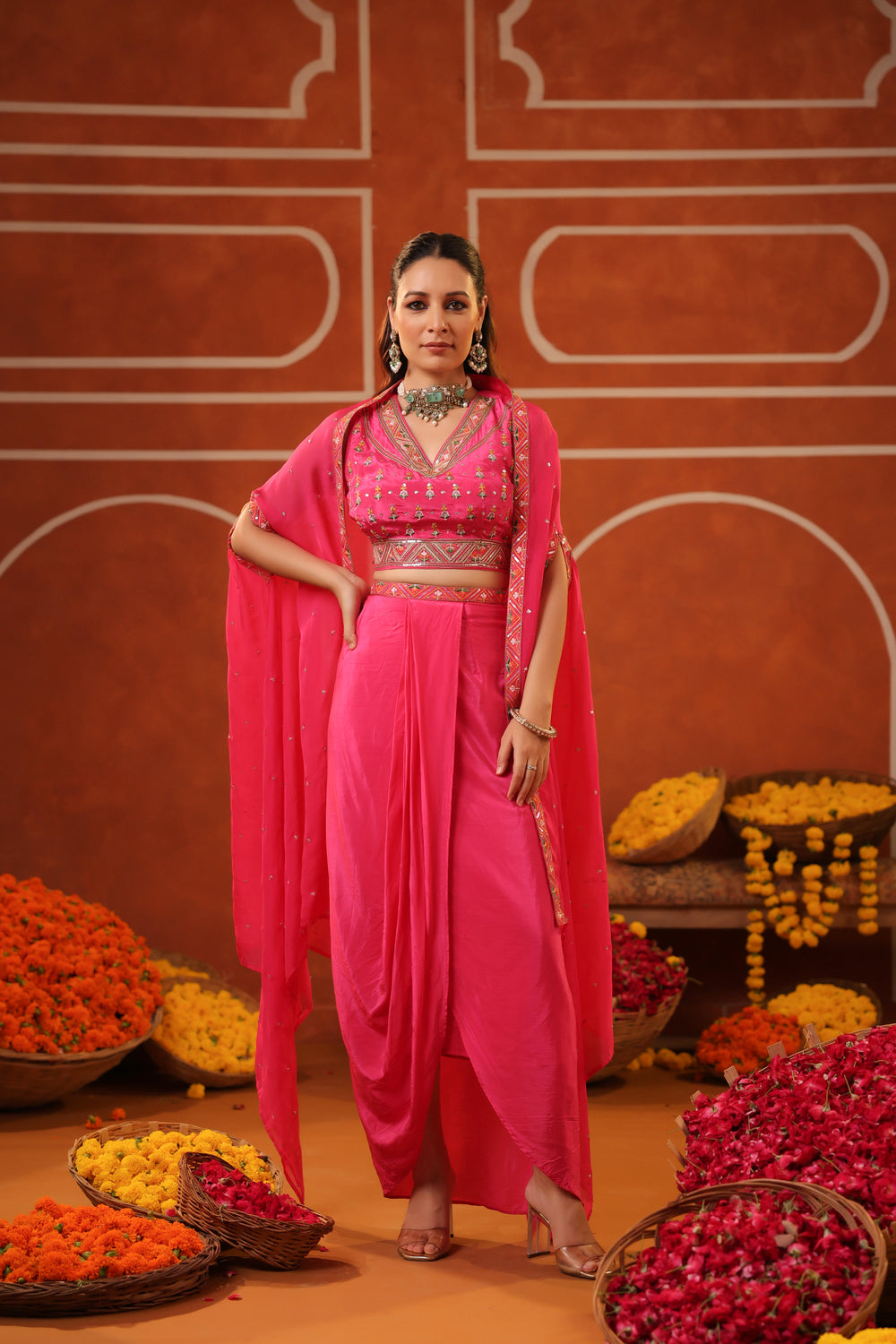 Pink Handwork with Silk Jacket Kaul Set 