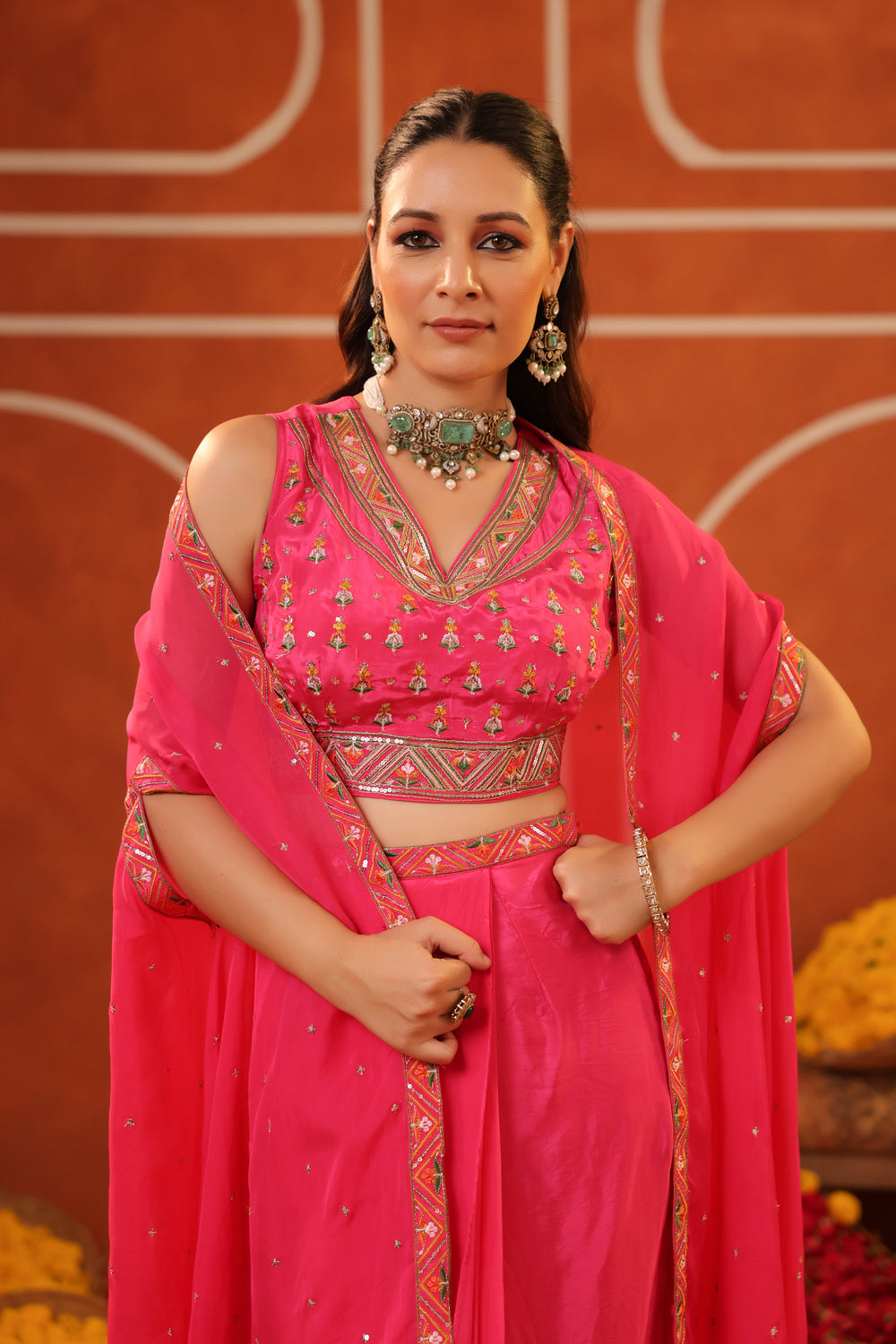 Pink Handwork with Silk Jacket Kaul Set 