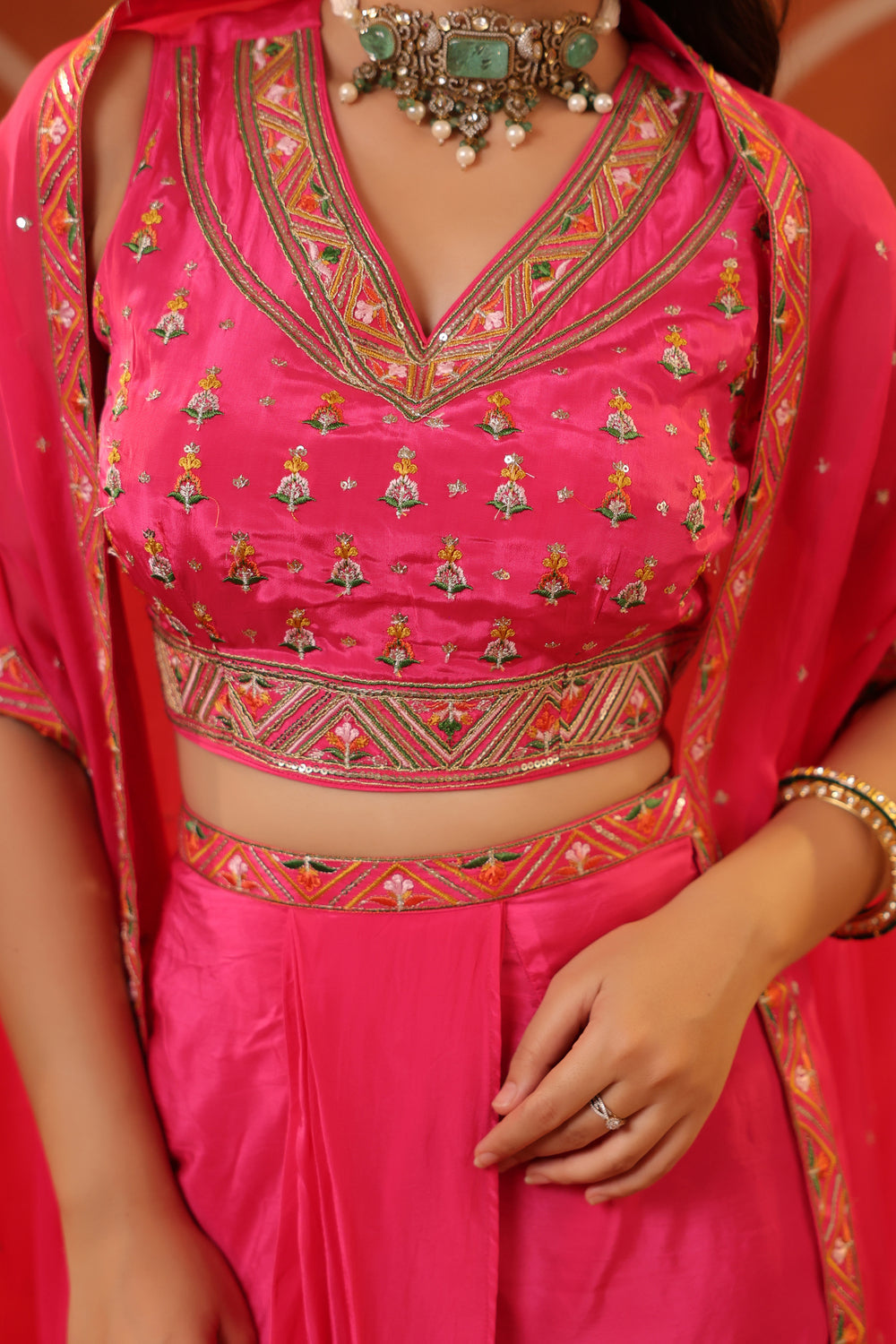 Pink Handwork with Silk Jacket Kaul Set 