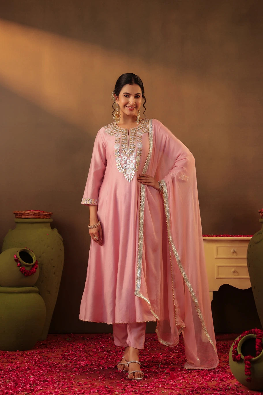 Mauve Gottapatti Work Silk Anarkali Set with Dupatta 