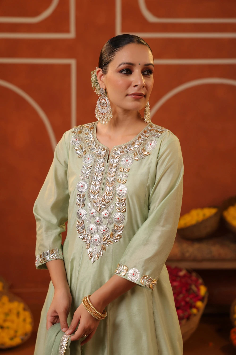 Pista Green Gottapatti Work Silk Anarkali Set with Dupatta 