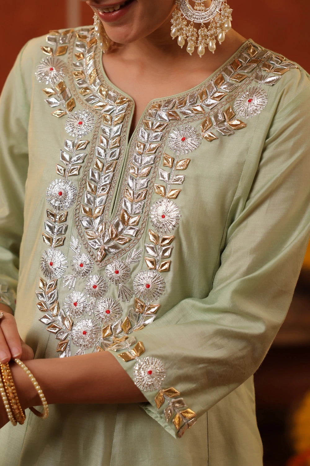 Pista Green Gottapatti Work Silk Anarkali Set with Dupatta 