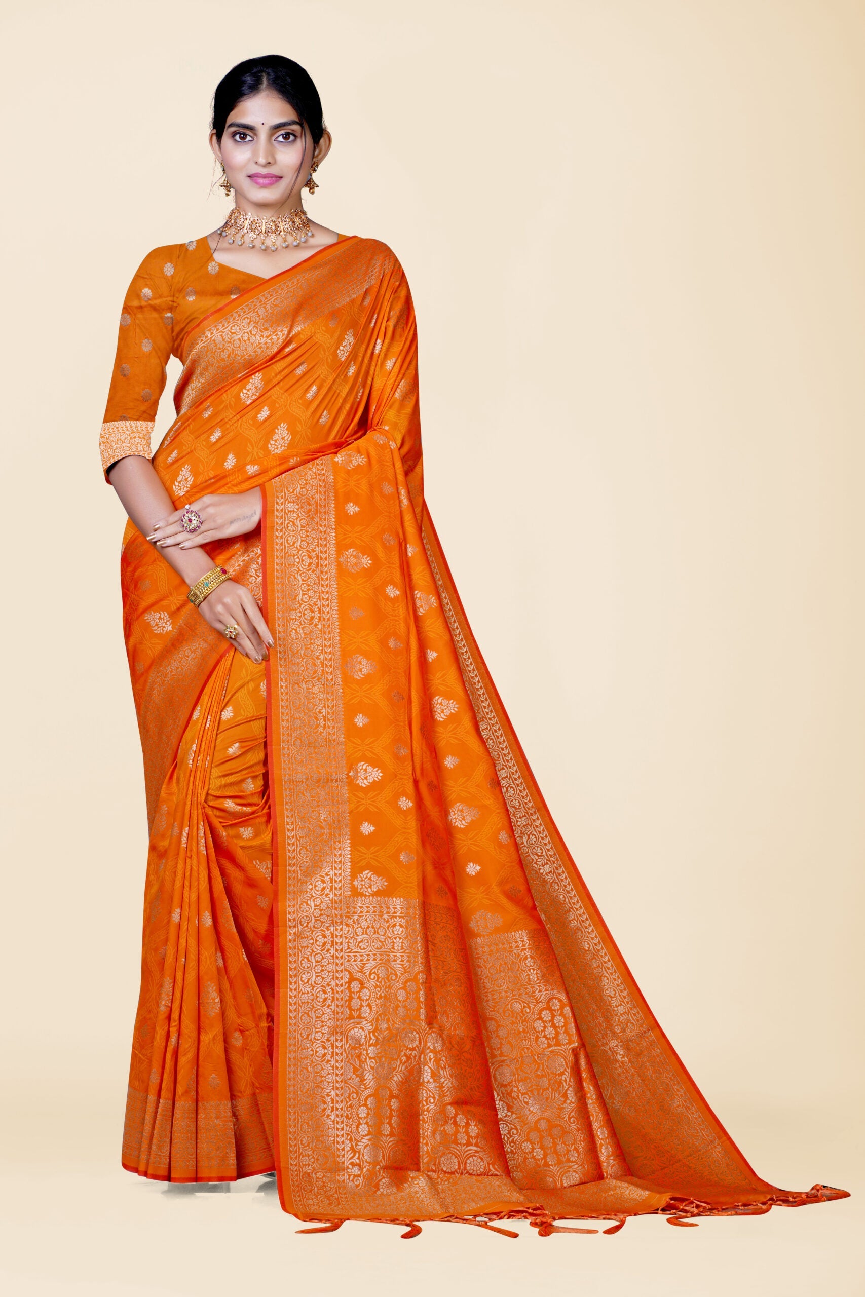 Orange Zariwork Banarasi Soft Silk Saree - KAJREE