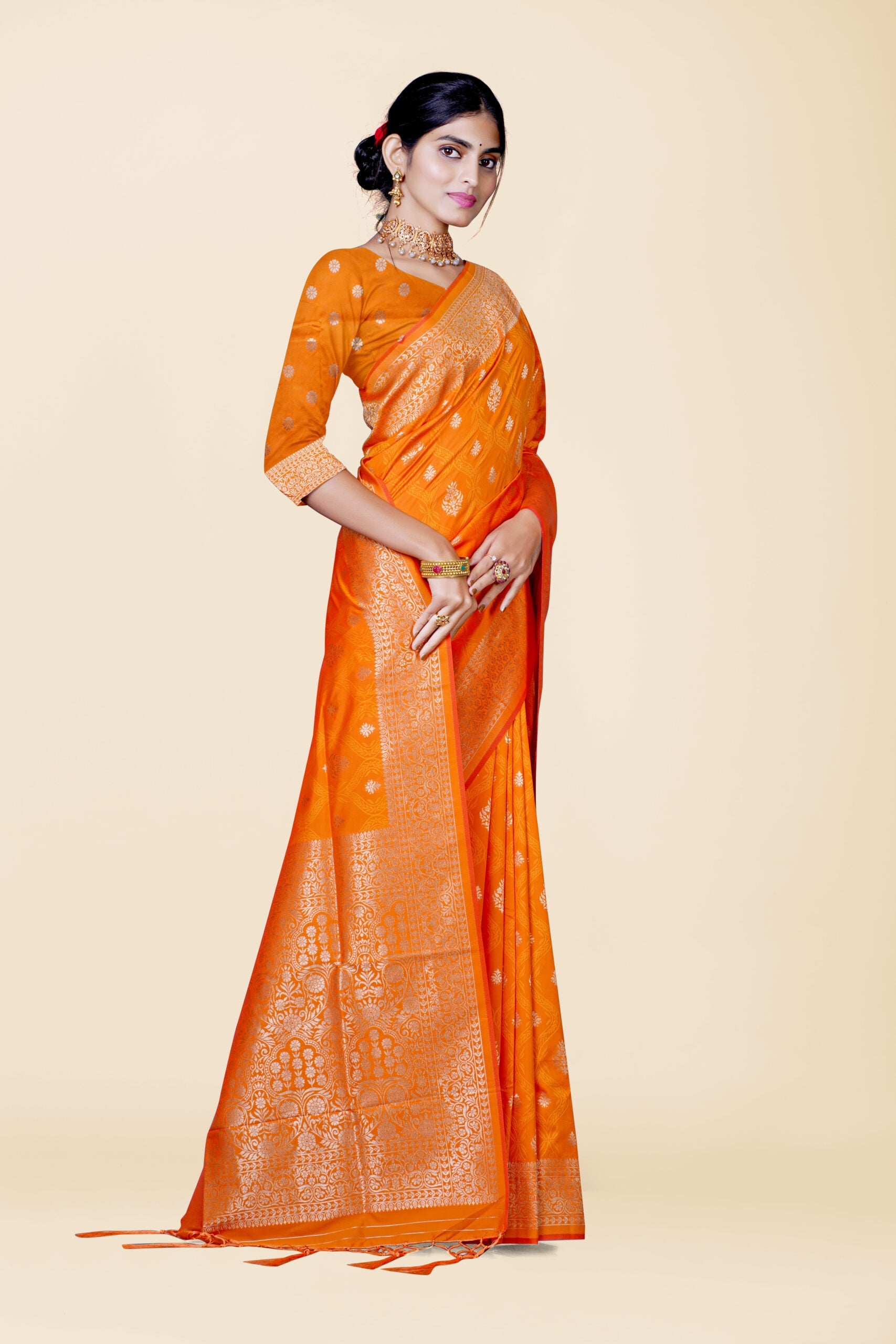 Orange Zariwork Banarasi Soft Silk Saree - KAJREE