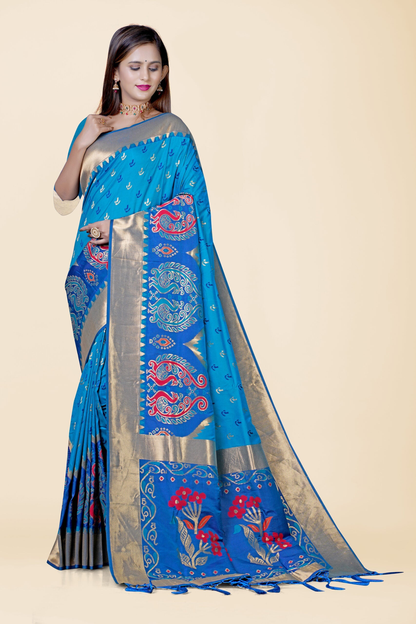Peacock Blue Zariwork Patola Soft Silk Saree - KAJREE