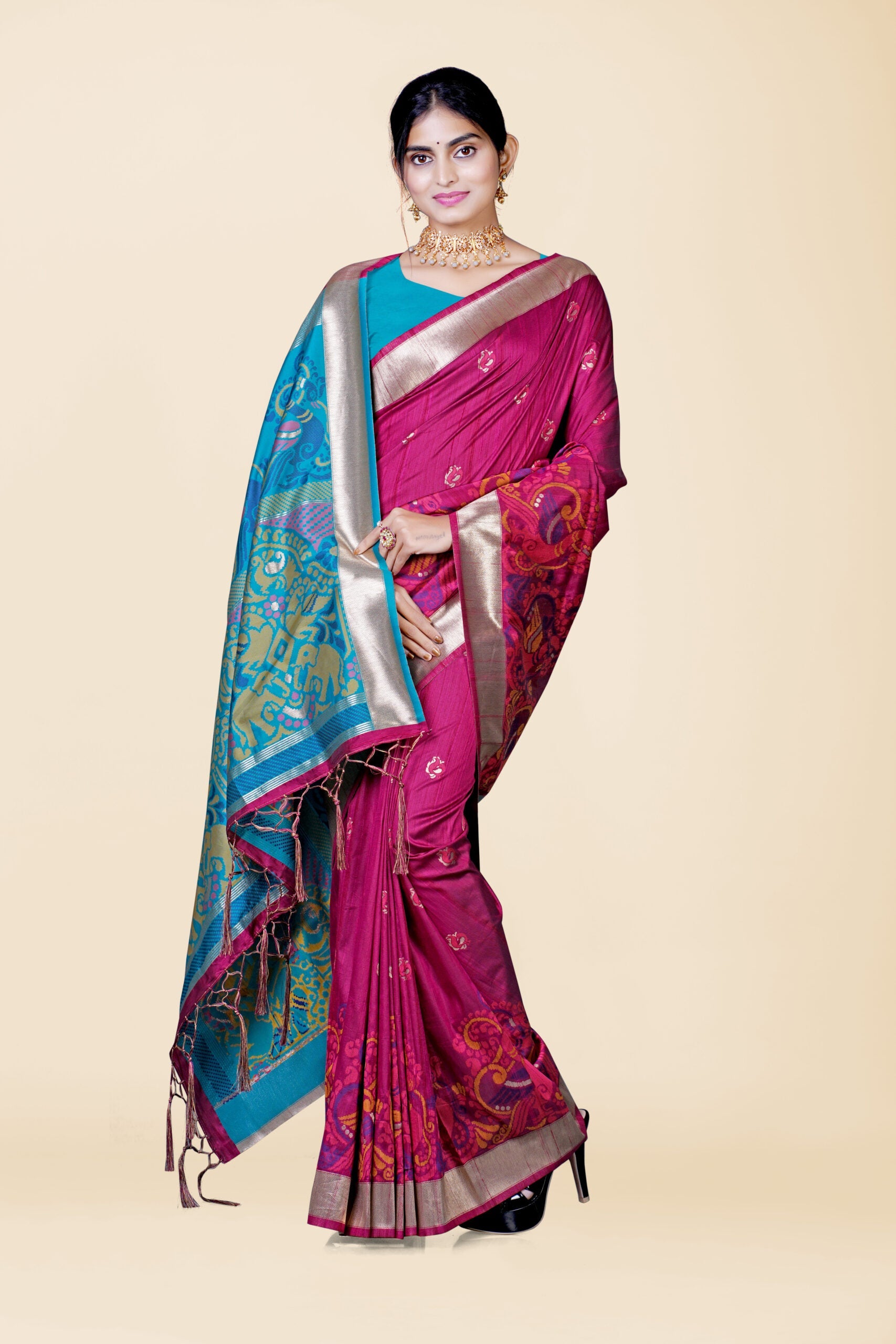 Wine Reshamwork Tussar Silk Saree 