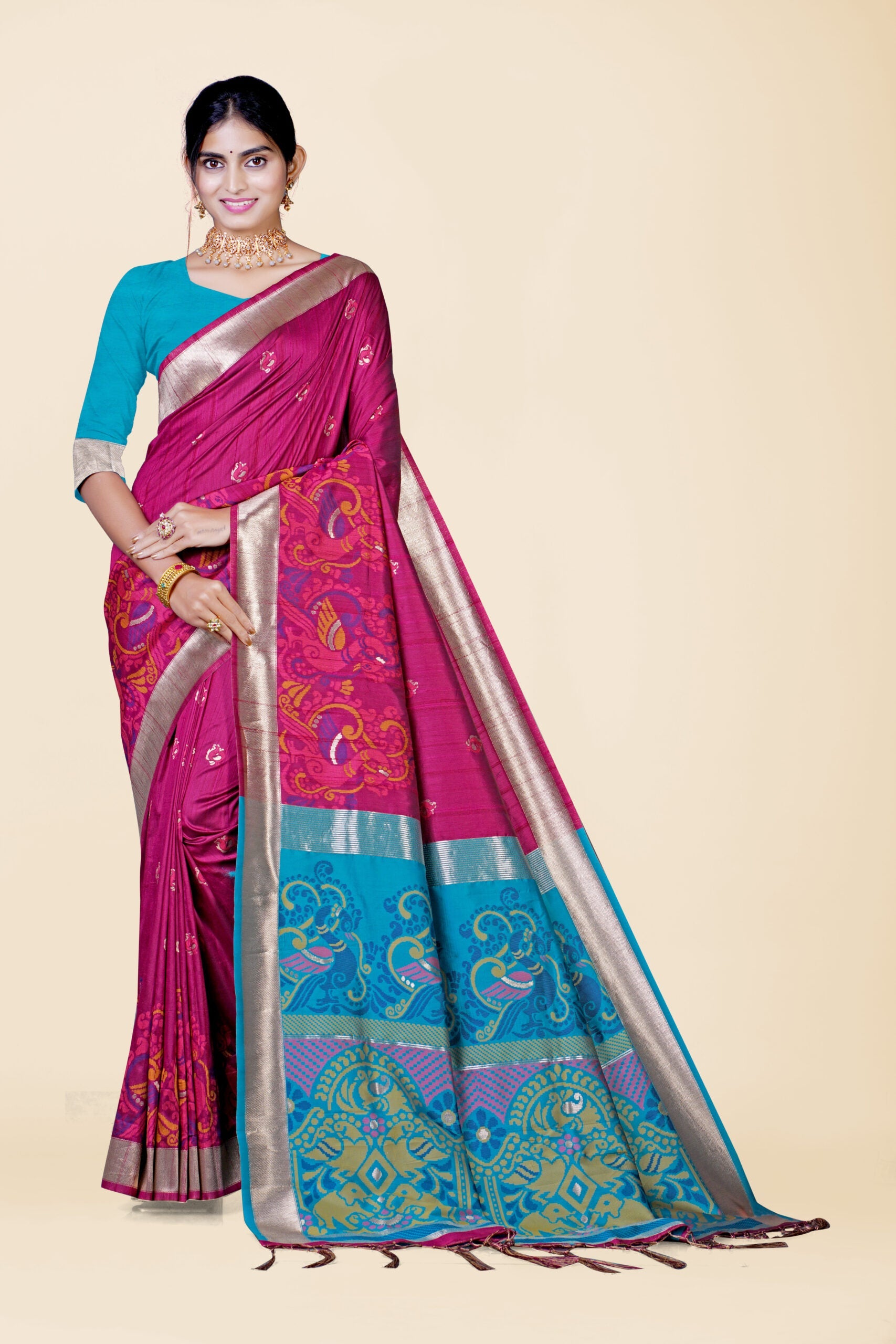 Wine Reshamwork Tussar Silk Saree 