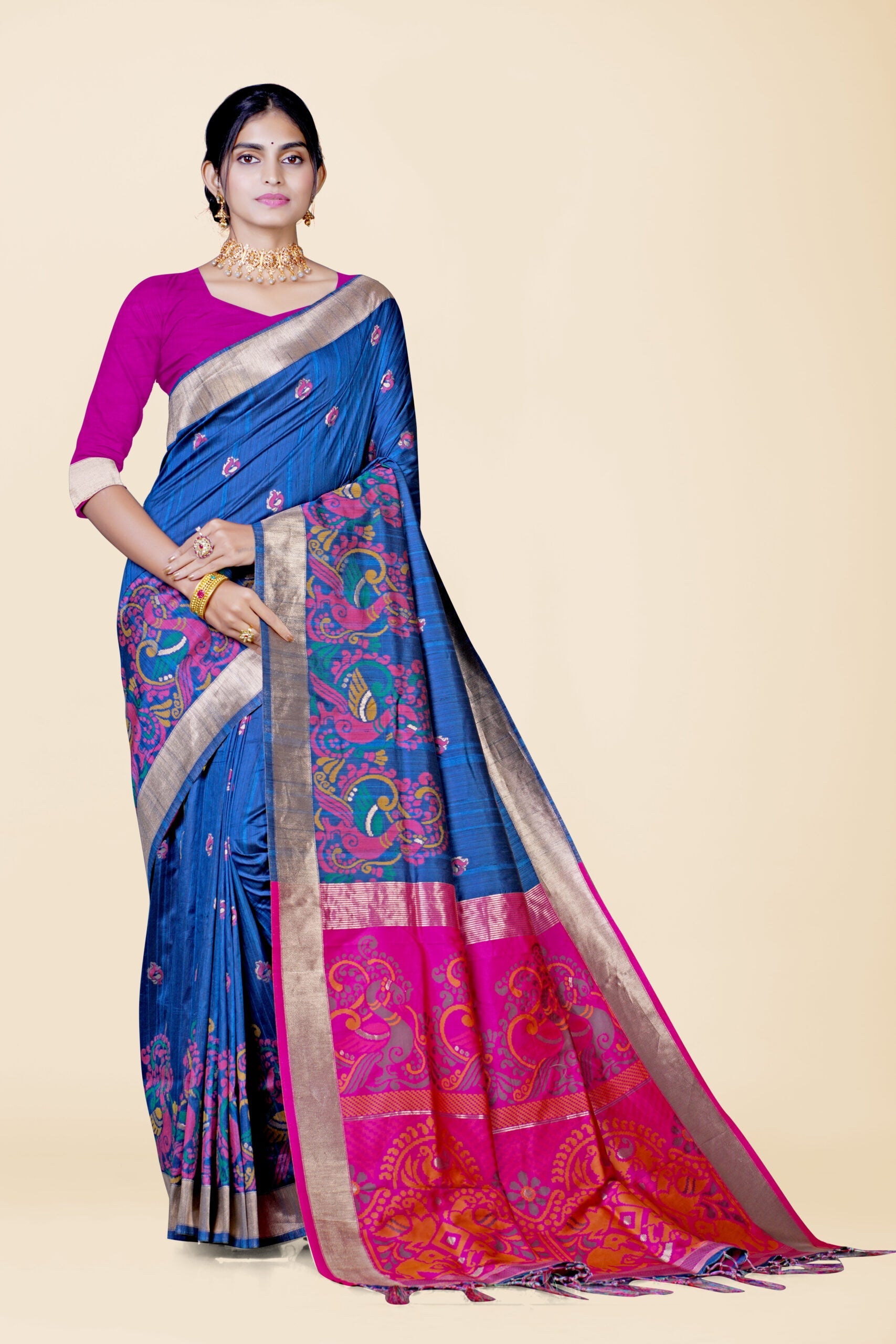 Navy Blue Reshamwork Tussar Silk Saree 