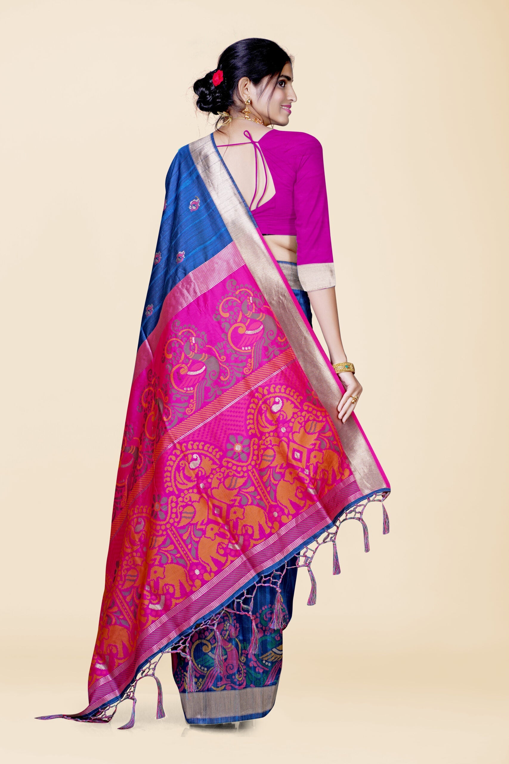 Navy Blue Reshamwork Tussar Silk Saree 