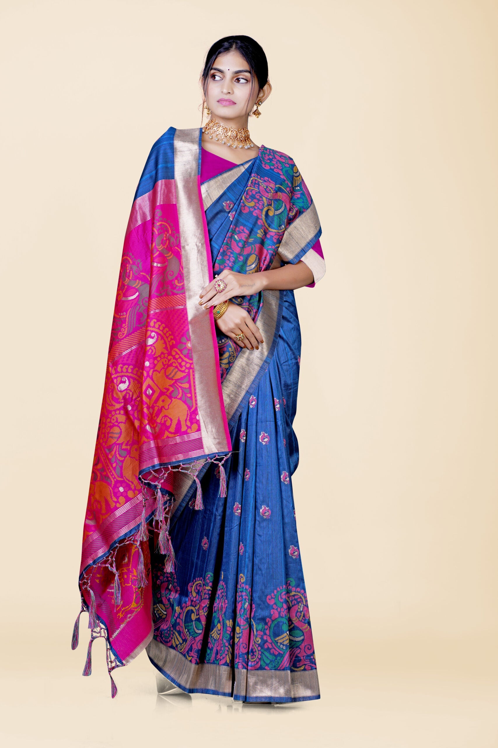 Navy Blue Reshamwork Tussar Silk Saree 