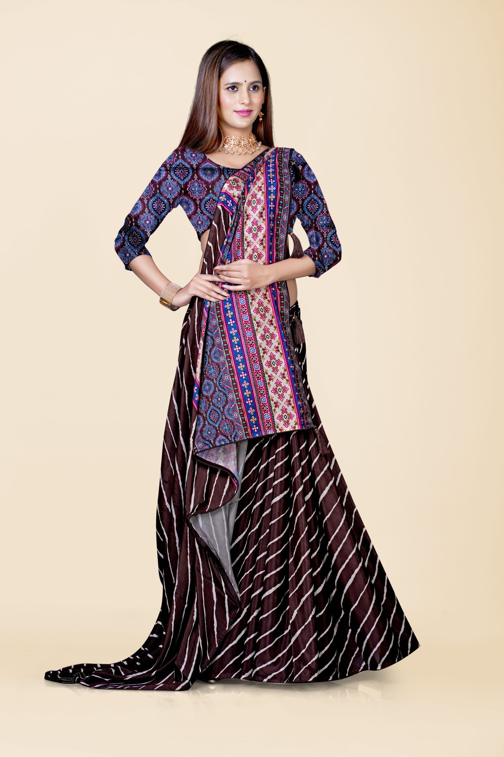 Brown Block Print Cotton Saree 
