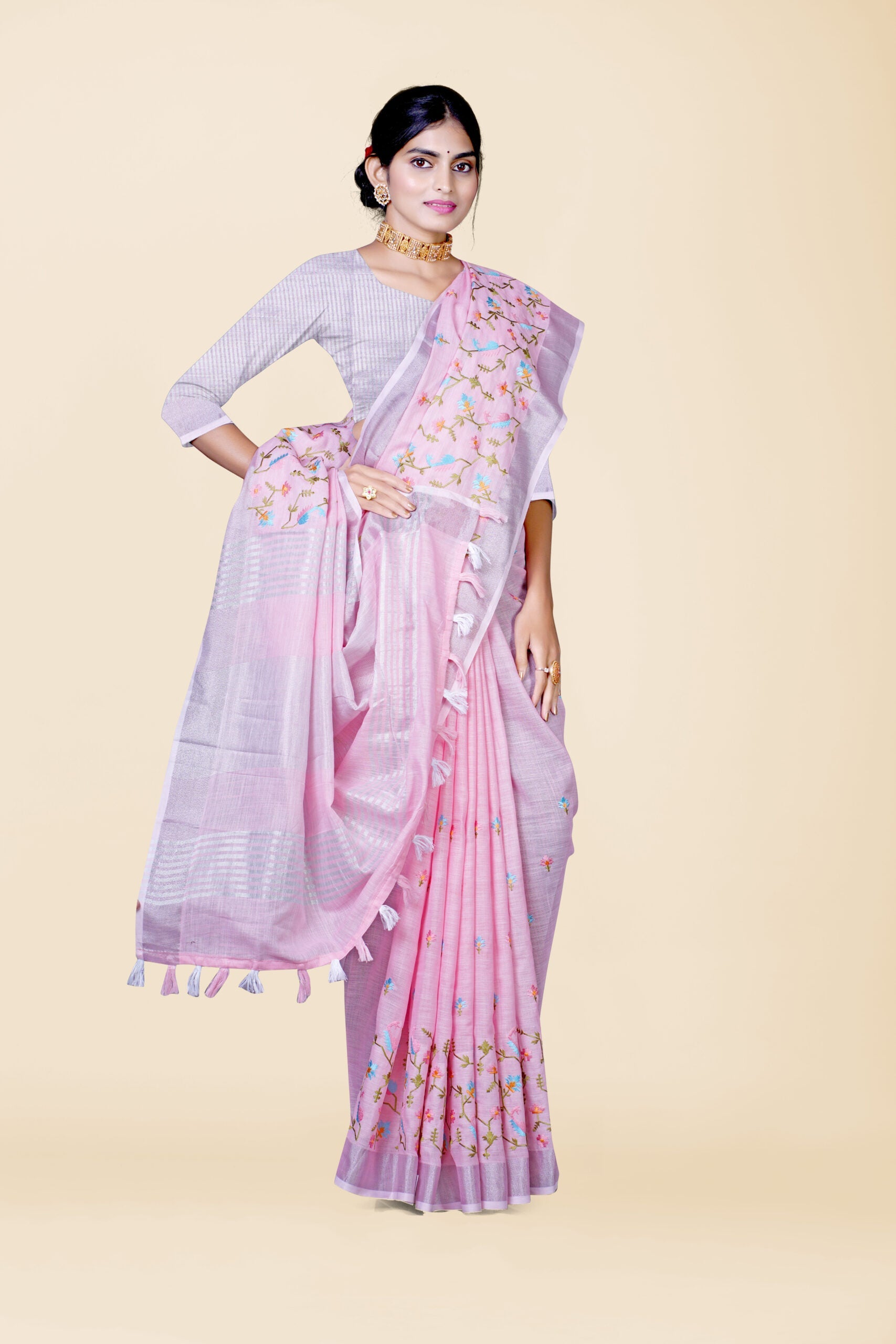 Baby Pink Threadwork Cotton Silk Saree 