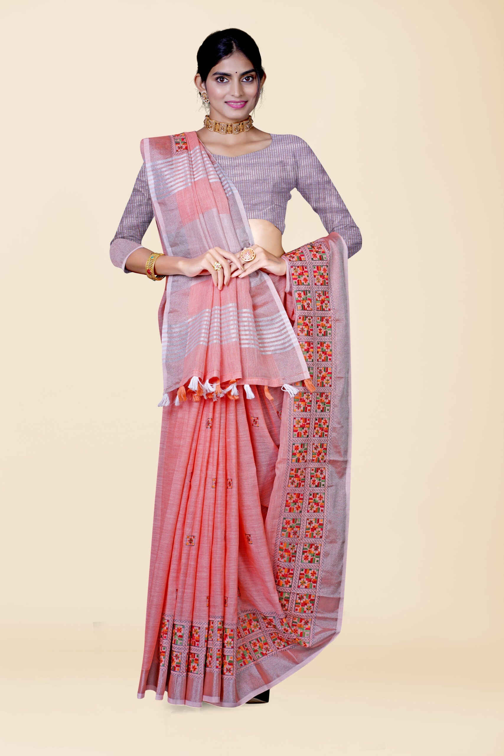 Orange Threadwork Cotton Silk Saree 