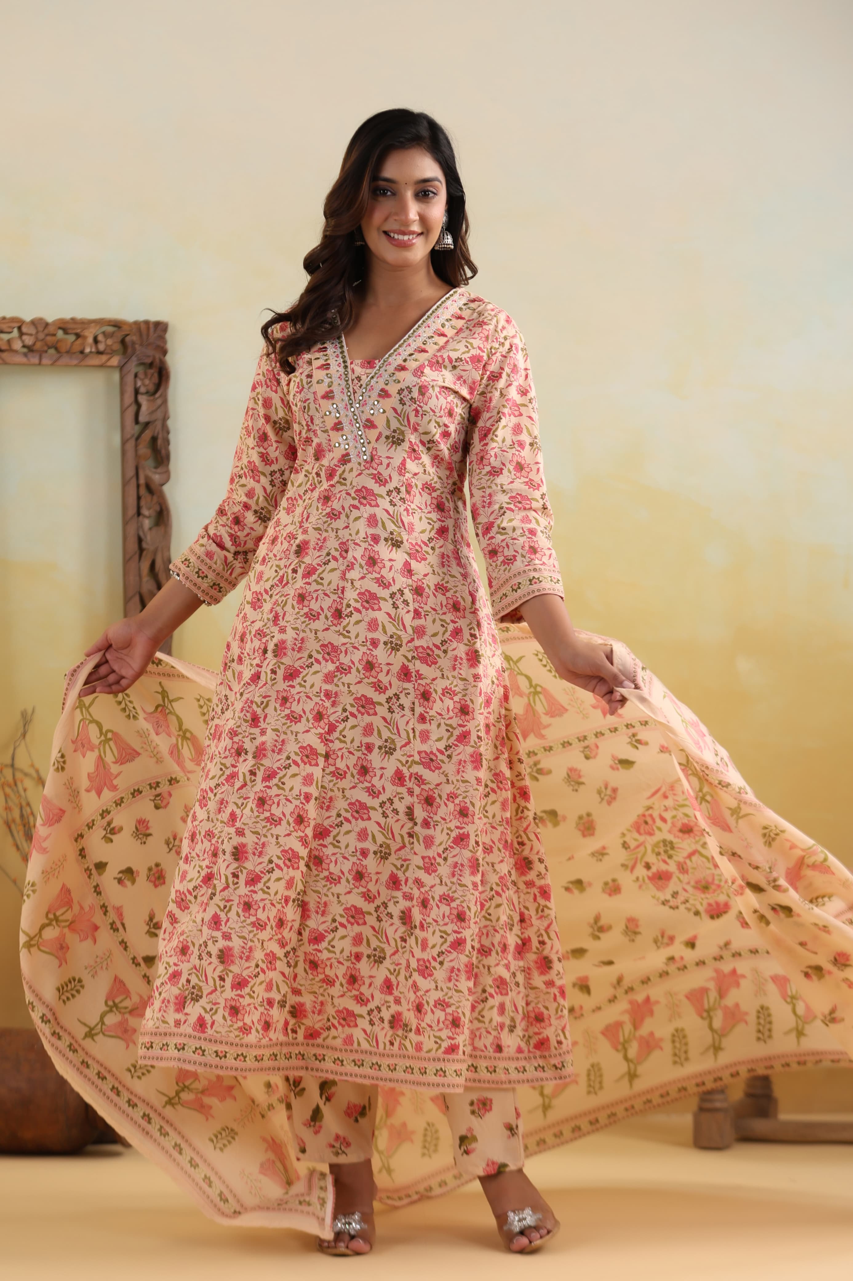 Peach Abla work Block Print cotton kurta set 