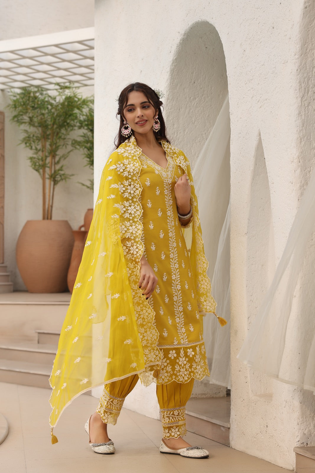 Yellow Threadwork Cotton Dobby Kurta Set - KAJREE