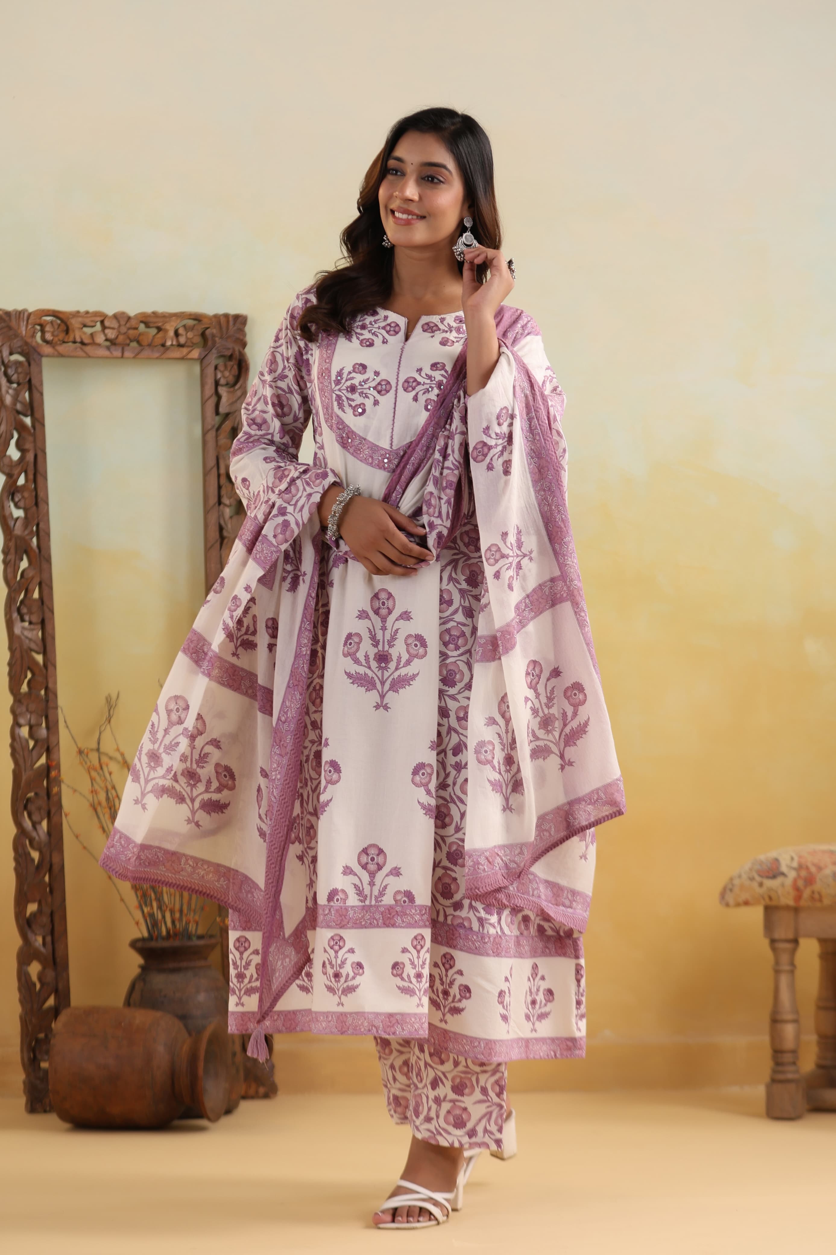 Purple Mirror work Block Print cotton kurta set 