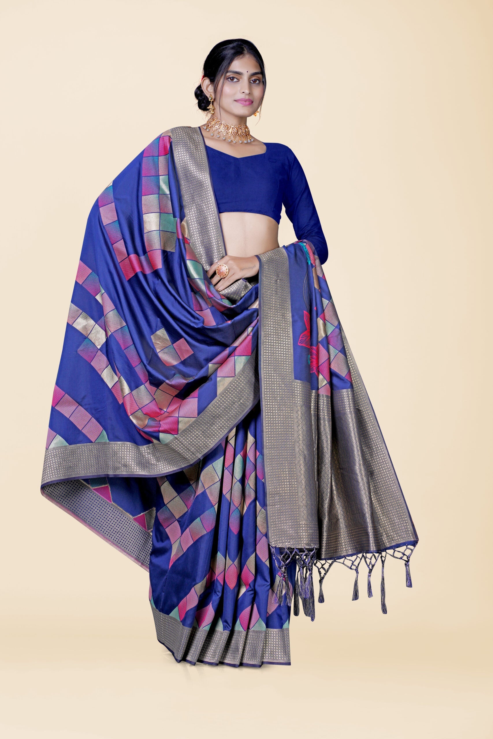 Blue Bridal Red Cotton Silk Saree 