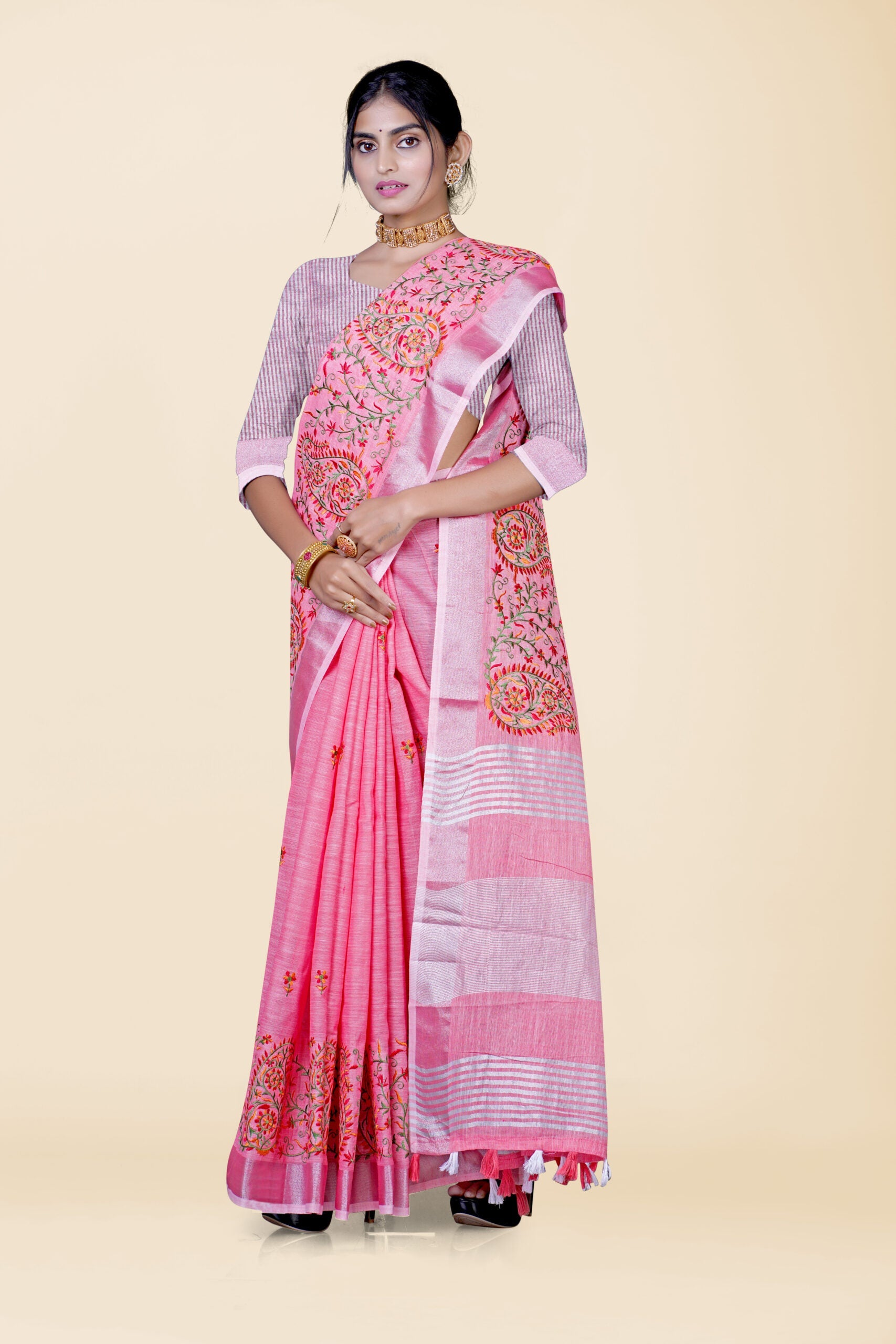 Pink Threadwork Semi Silk Saree 