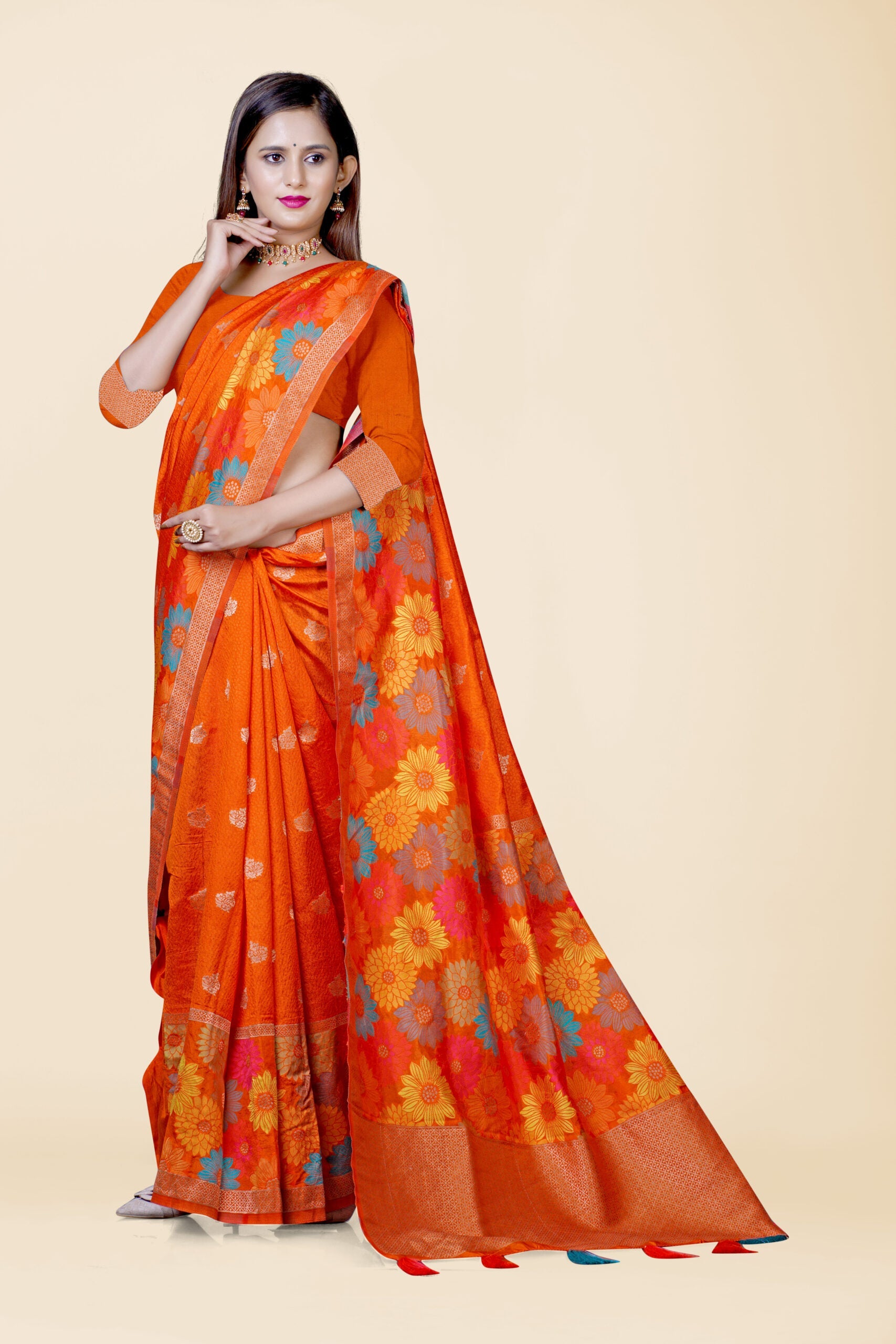 Orange Zari work Semi Silk Saree 