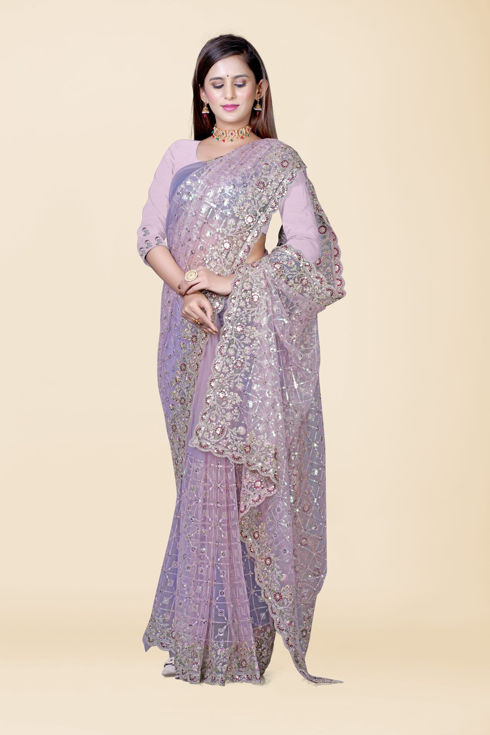 Lavender Stonework Net Saree - KAJREE