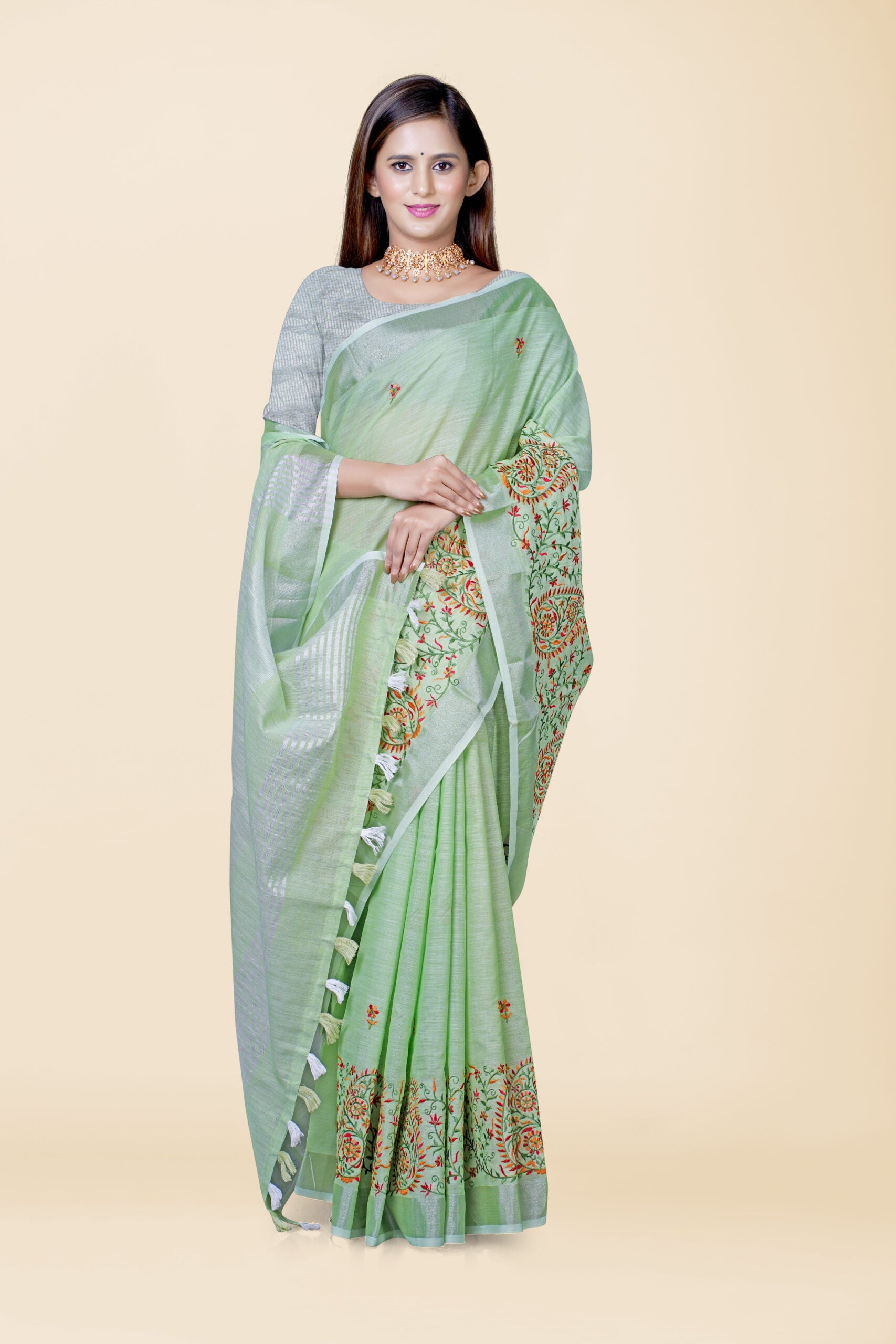 Green Threadwork Cotton Silk Saree 