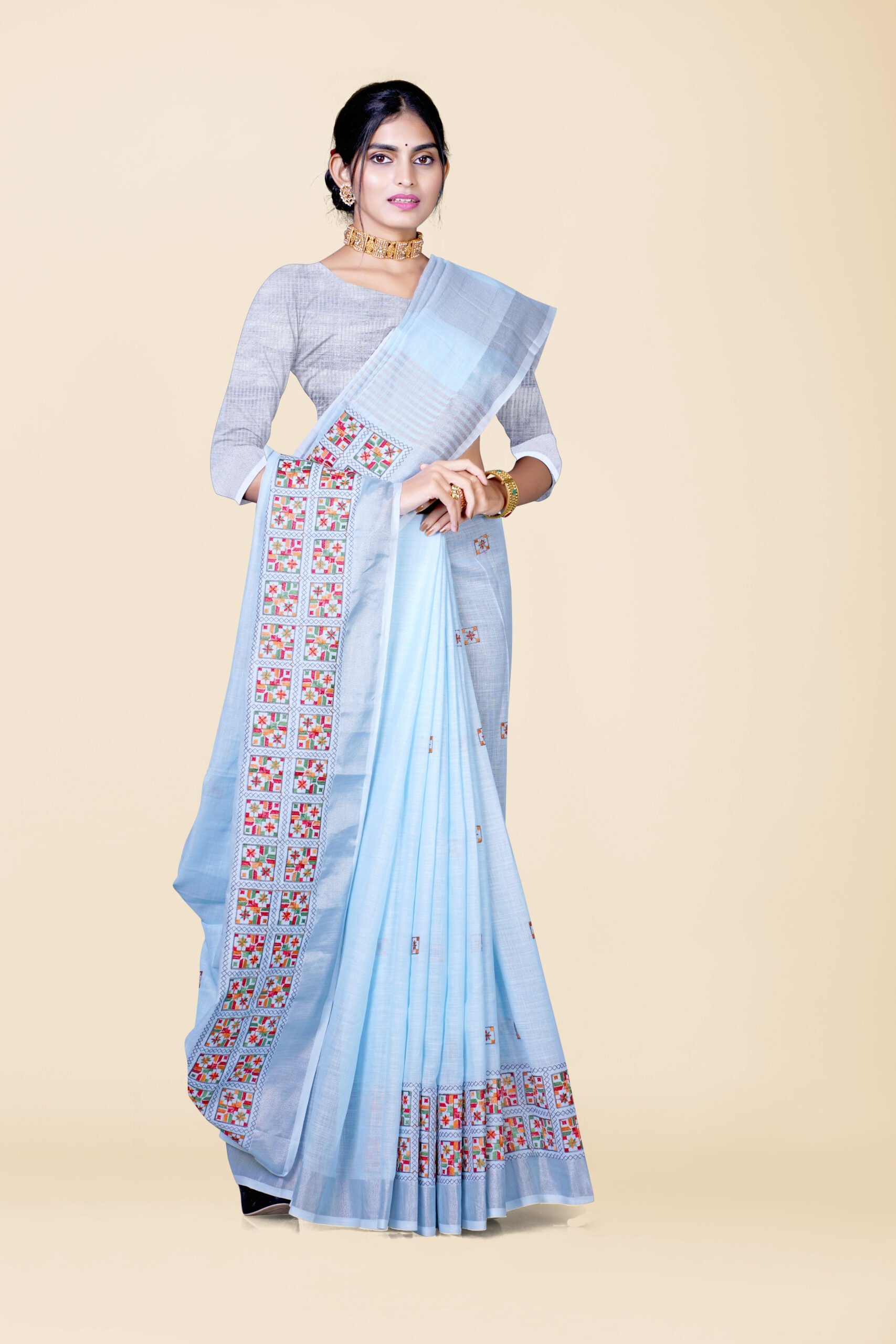 Sky Blue Threadwork Semi Silk Saree 