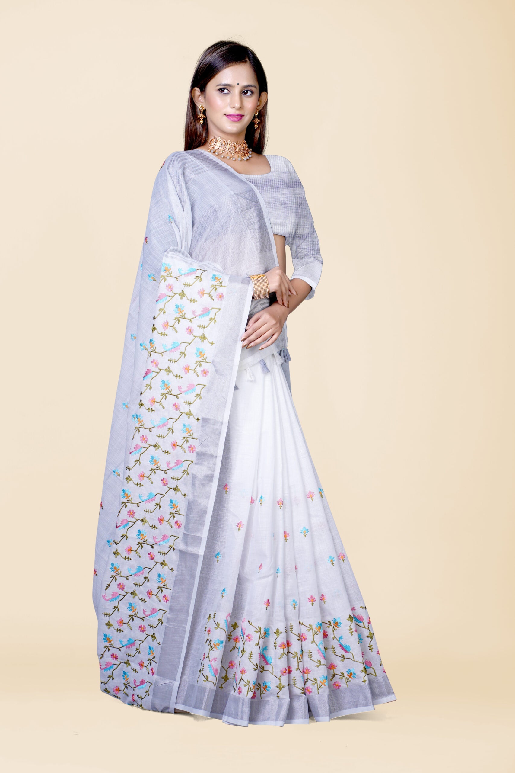 White Threadwork Semi Silk Saree 